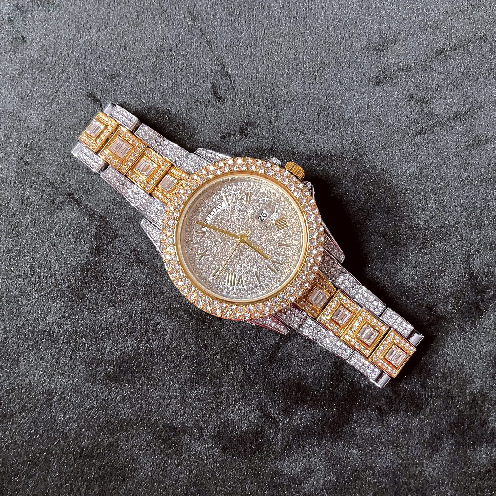 ICEDIAMOND Reloj de cuarzo con doble calendario de 43 mm, esfera redonda chapada en oro con fecha y visualización semanal, reloj de pulsera de diamantes de imitación para hombre, Mezclado, Moda