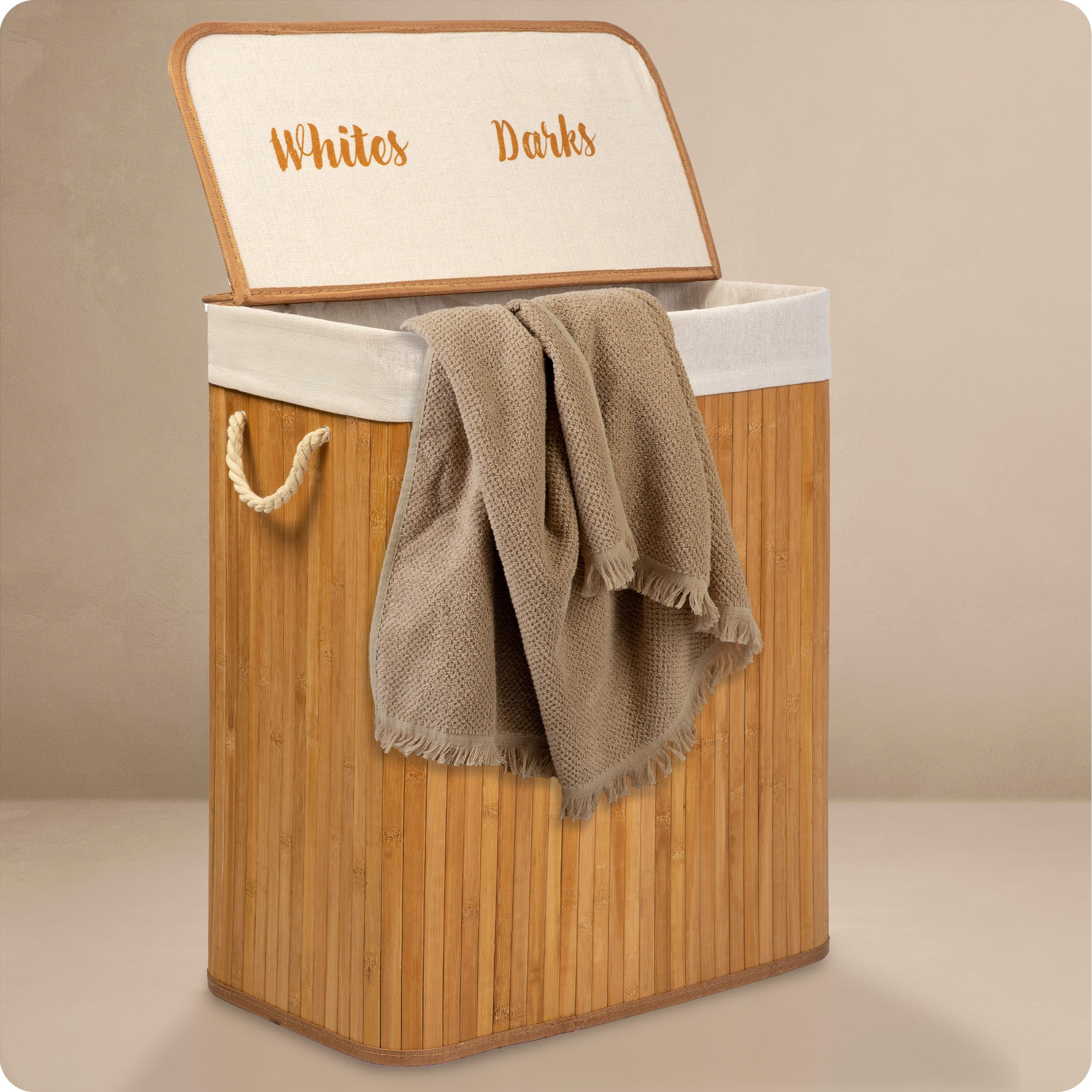 Cesto portabiancheria a 2 scomparti, 100 l, con coperchio e sacco per la biancheria, in bambù, colore beige, 61 x 54 x 34 cm