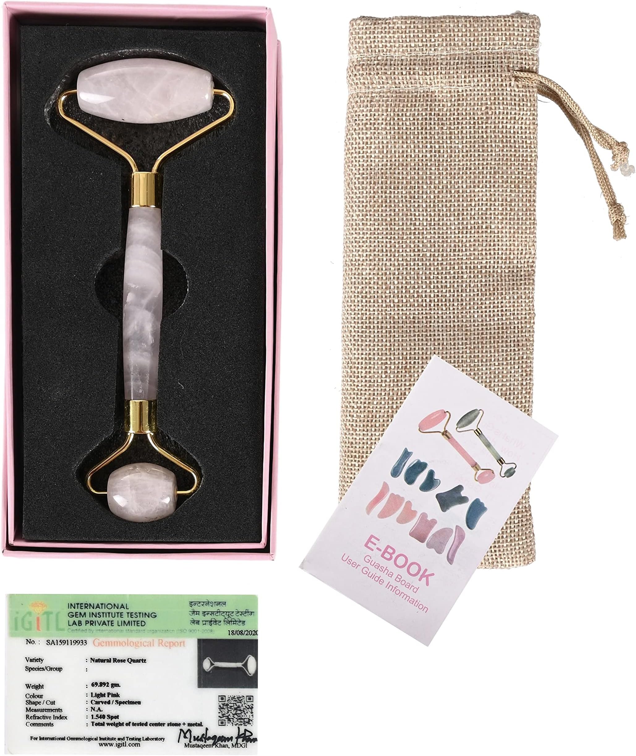 Rose Quartz Facial Massage Roller Wand Gua Sha Spa and Relaxation for Body, Face, Neck, Eye's WITH AUTHENTICITY CERTIFICATE + HANDMADE POUCH AND BOX