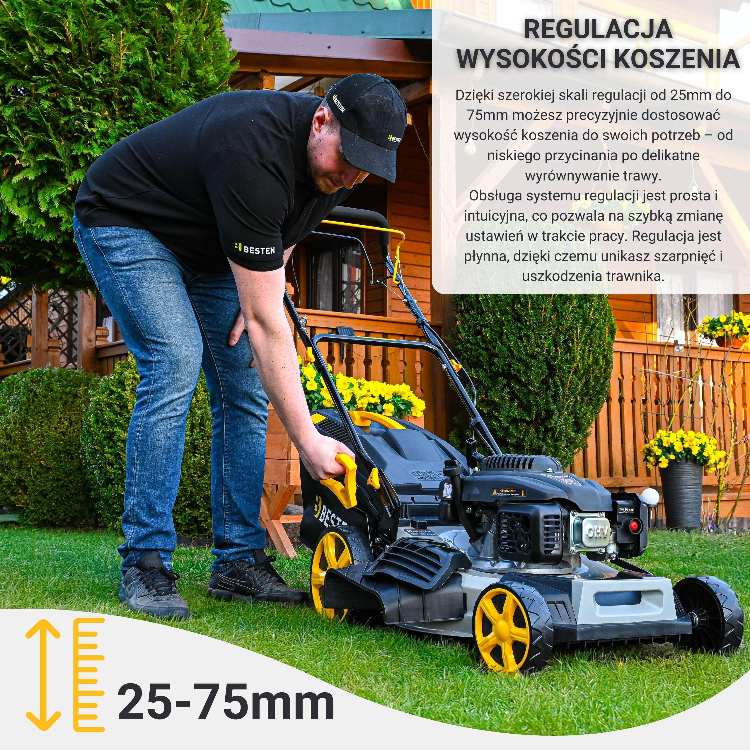 BESTEN Kosiarka Spalinowa z Napędem 196CC, Szerokośc Cięcia 51cm, Kosiarka Ogrodowa z Funkcją Bocznego Wyrzutu i Mocnym Zderzakiem, 8-Stopniowa Regulacja Wykości Koszenia, Kosz 62L,
