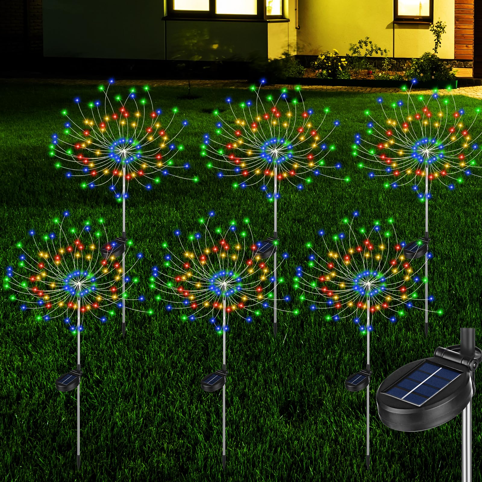 Photo 1 of 6 Pcs Solar Firework Lights 120 LEDs Backyard Lights Outdoor 8 Lighting Modes Solar Fireworks Lights Outdoor Waterproof for DIY Landscape Garden Yard Pathway Patio Walkway Backyard Lawn (Colorful)