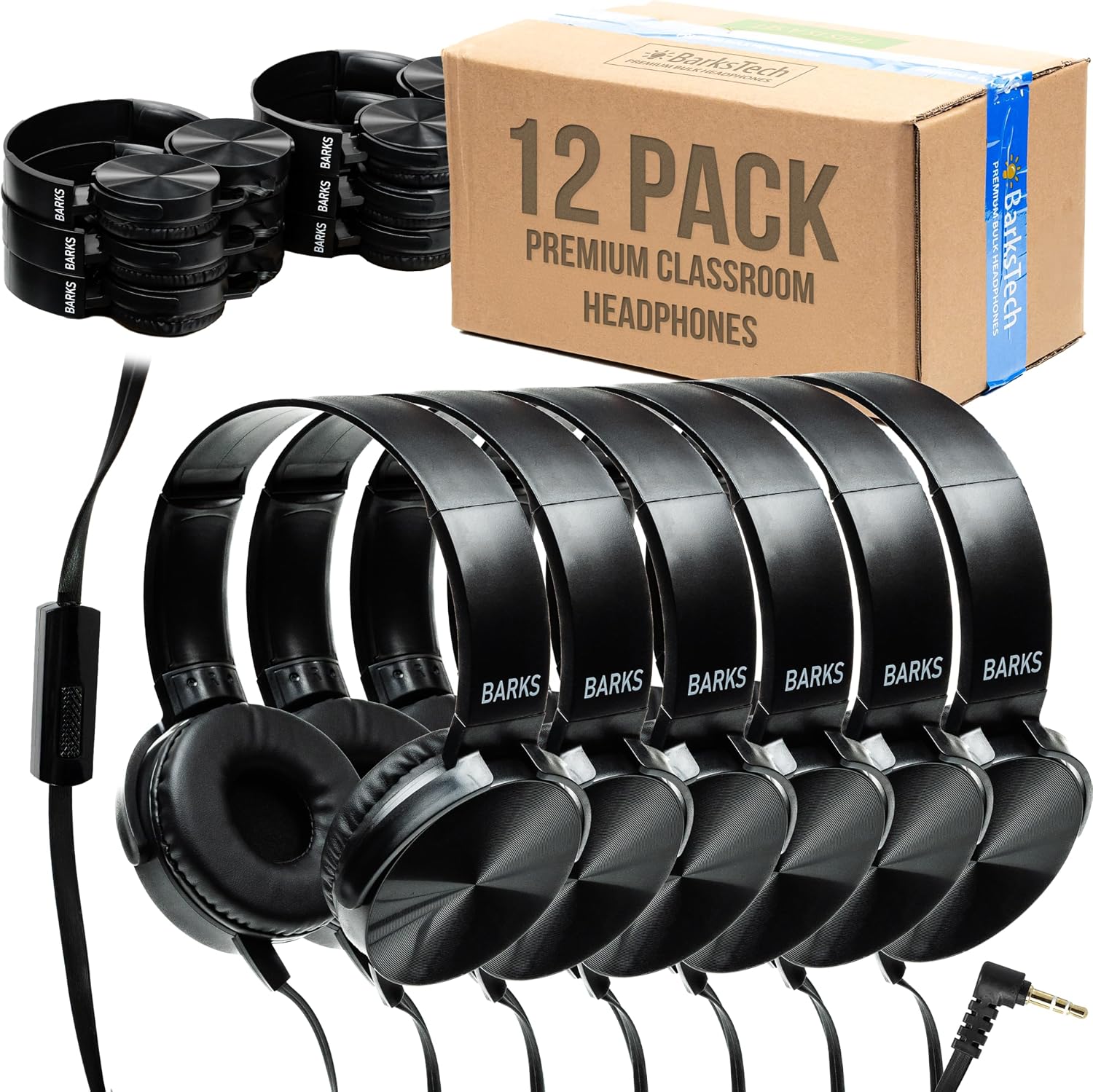 Barks Classroom Headphones with Microphone (Black, 12 Pack) - Wired 3.5mm On-Ear Bulk Headphones for Classroom: Best for Students K-12 Schools (Durable, Inline Microphone, Great Recording Quality)