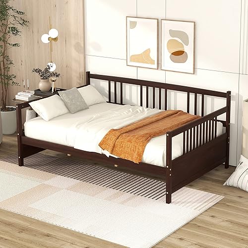 Merax Sofá cama matrimonial listones de madera para sofá cama matrimonial soporte moderno con rieles no necesita somier Espresso