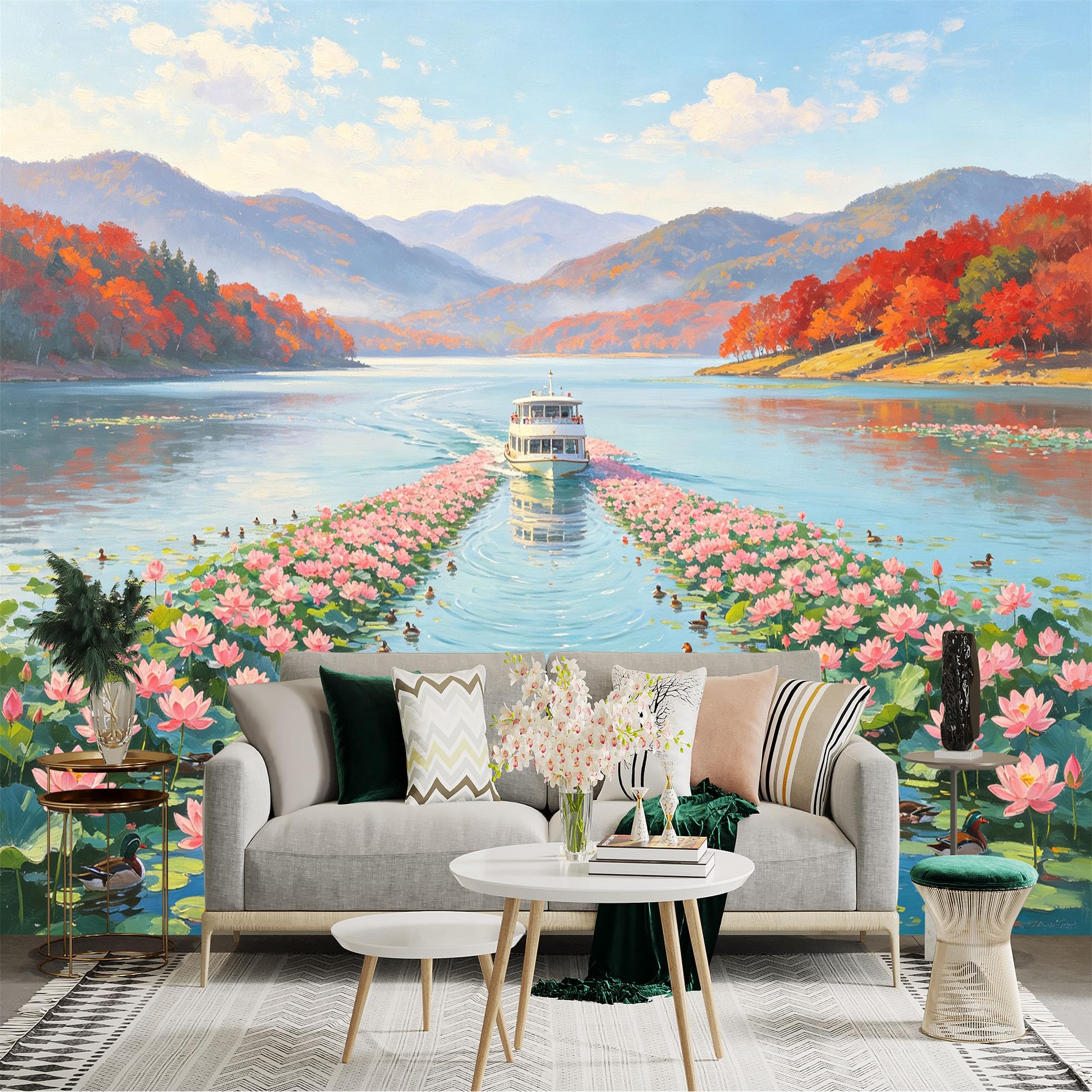 Custom Size Wall Sticker Mural， Boat Sailing on Lake， Pink Lotus Flowers， Autumn Foliage and Mountains， for wall Decoration， peelandstick wall Decals.