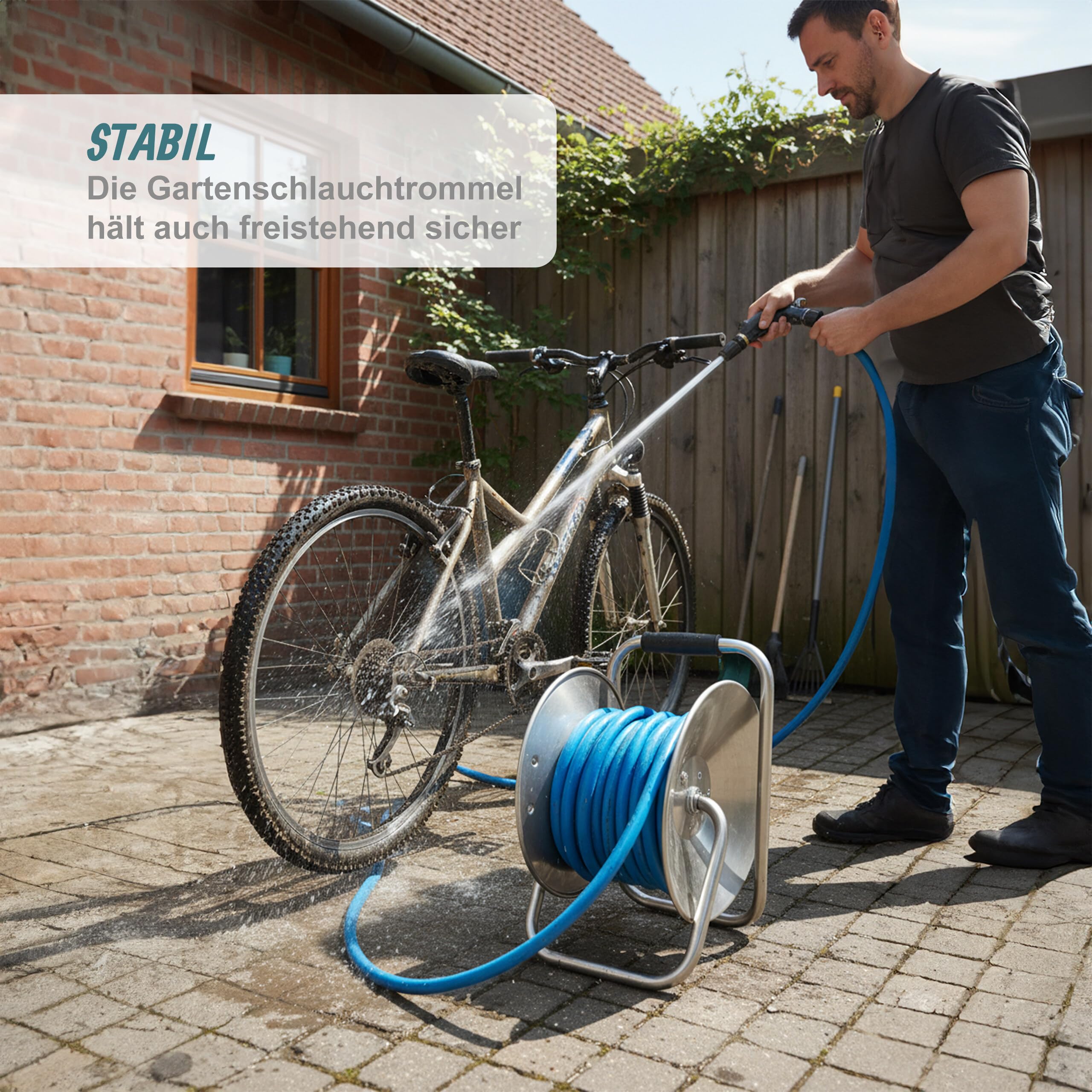 Relaxdays Schlauchtrommel, Edelstahl, für 15 m 1/2" Schlauch, HxBxT: 36 x 22 x 27,5 cm, Gartenschlauchtrommel, Silber