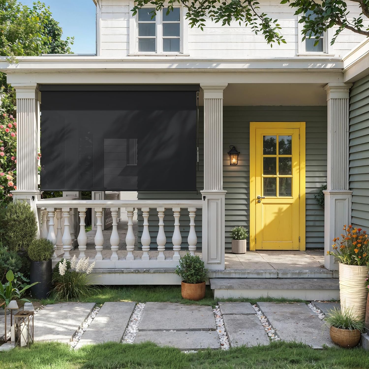 VICLLAX Premium Outdoor Roller Shade PVC Fabric Exterior Roller Shade Crank Operated with Aluminum Protective Valance for Porch Patio Pergola (4' W X 8' L), Black Grey