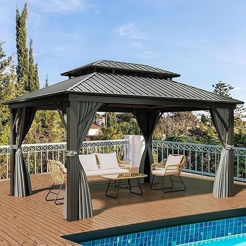 YITAHOME 12x16ft Hardtop Gazebo with Nettings and Curtains, Heavy Duty Double Roof Galvanized Steel Outdoor Combined of Vertical Stripes Roof for Patio, Backyard, Deck, Lawns, Gray
