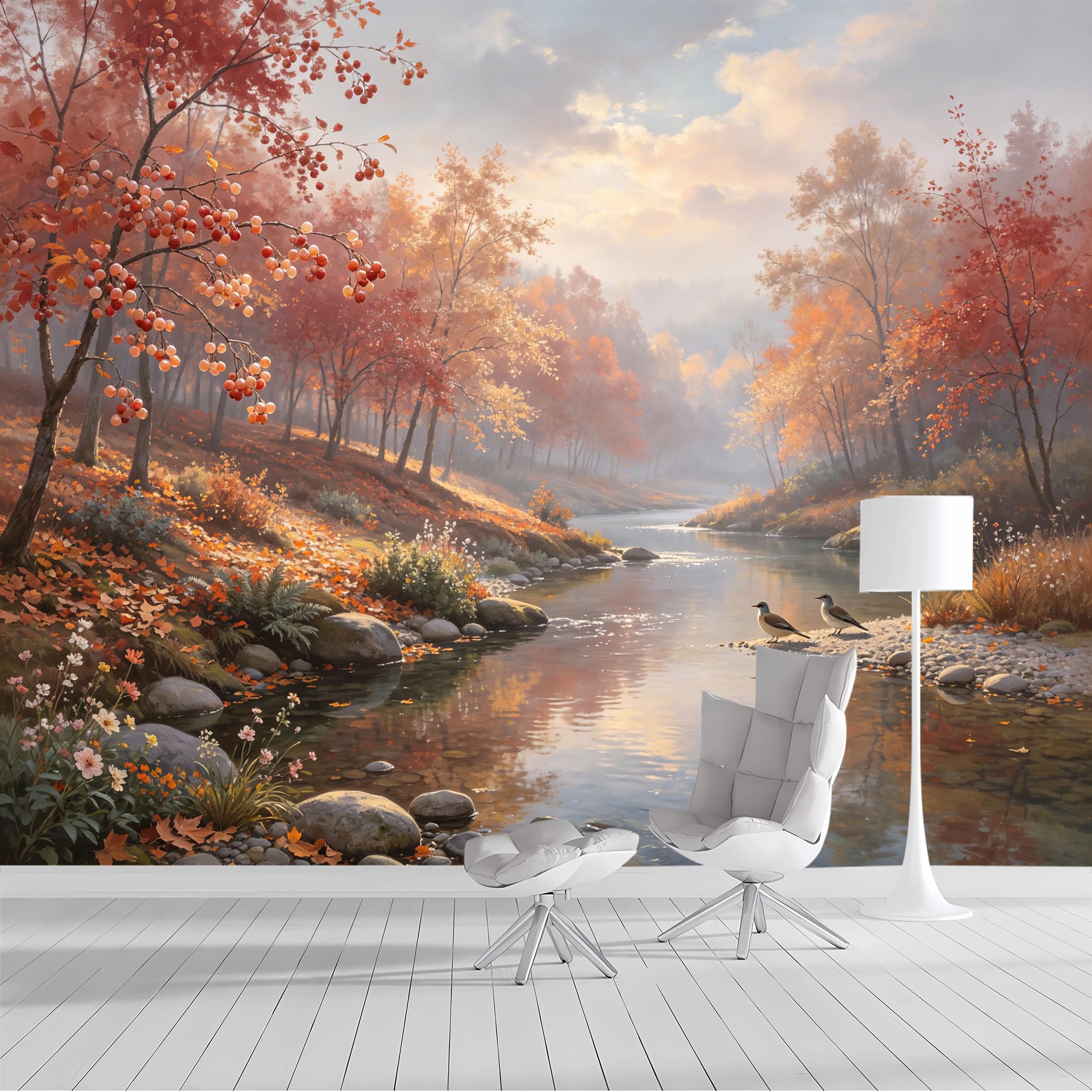 Custom Size Wall Mural Autumn River Landscape Watercolor Scenery SelfAdhesive Wall Fabric Removable Peel and Stick Wallpaper Wall Decor for Living Room Bedroom Bathroom