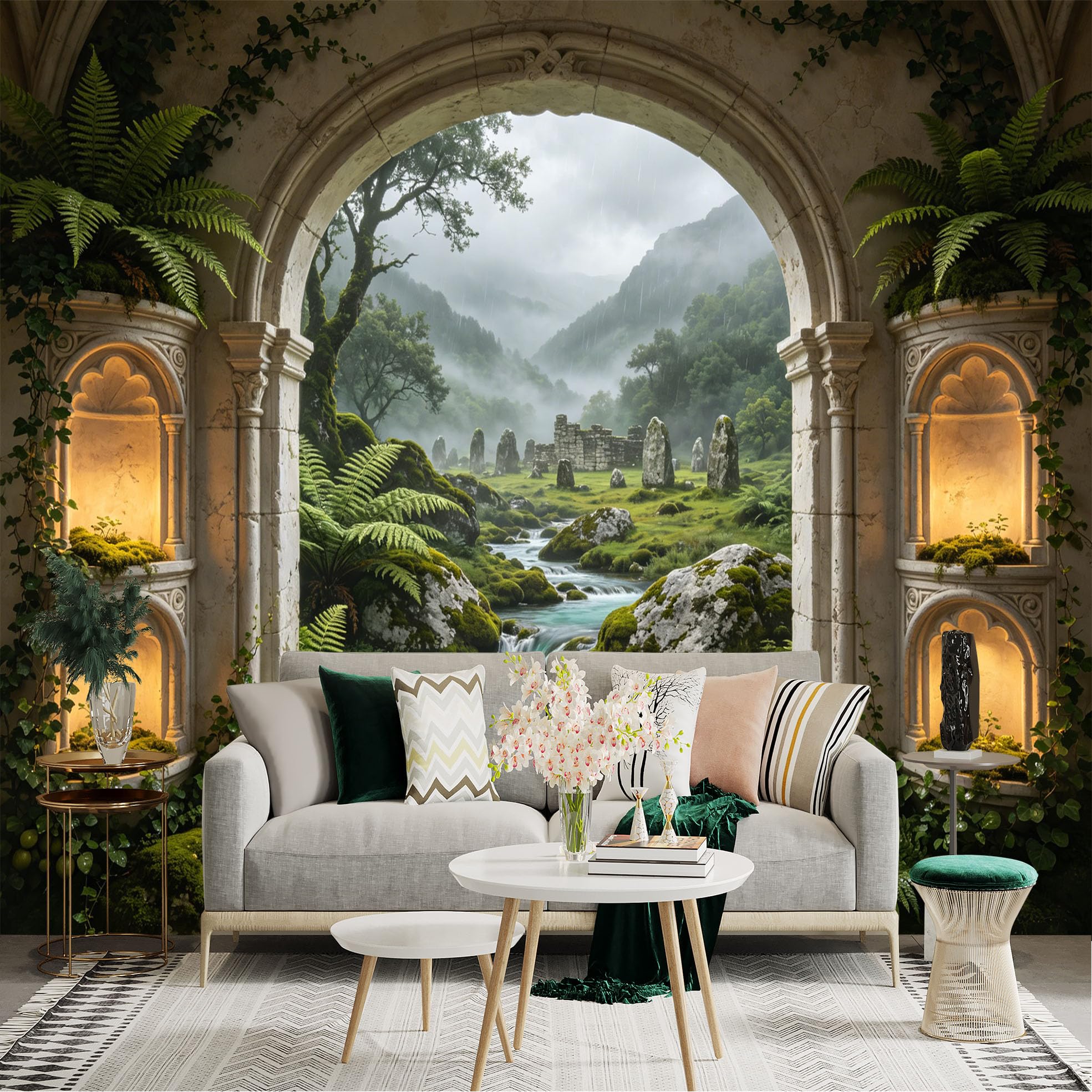 Lnzczhyre Dbh260521106 Custom Size Wall Sticker Mural， Ancient Stone Archway， Misty Forest Landscape， Mossy River Stream， Celtic Ruins， For Wall Decoration， Peelandstick Wall Decals.