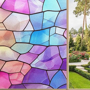 Decorative Window Film Stained Glass Purple Pink Non-Adhesive Frosted Glass Film for Bathroom Door Window Static Cling Window Film 23.6 x 47.2