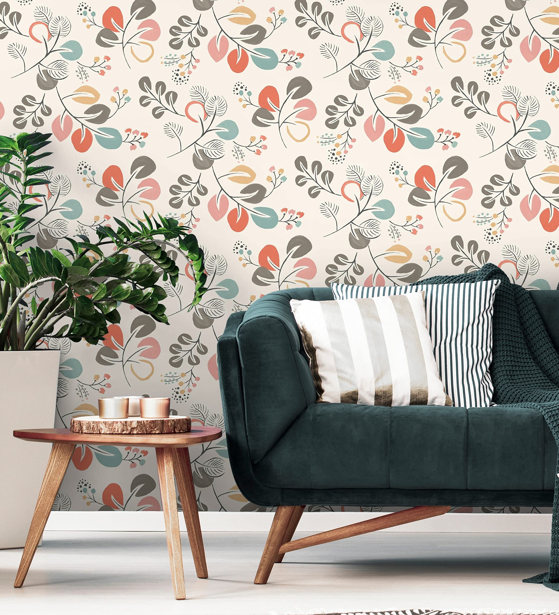 GAULAN 679414 - Papel pintado vinílico ecológico de hojas de estilo nórdico tonos coral para pared salón cocina baño dormitorio mueble - Rollo de 10 m x 0,53 m