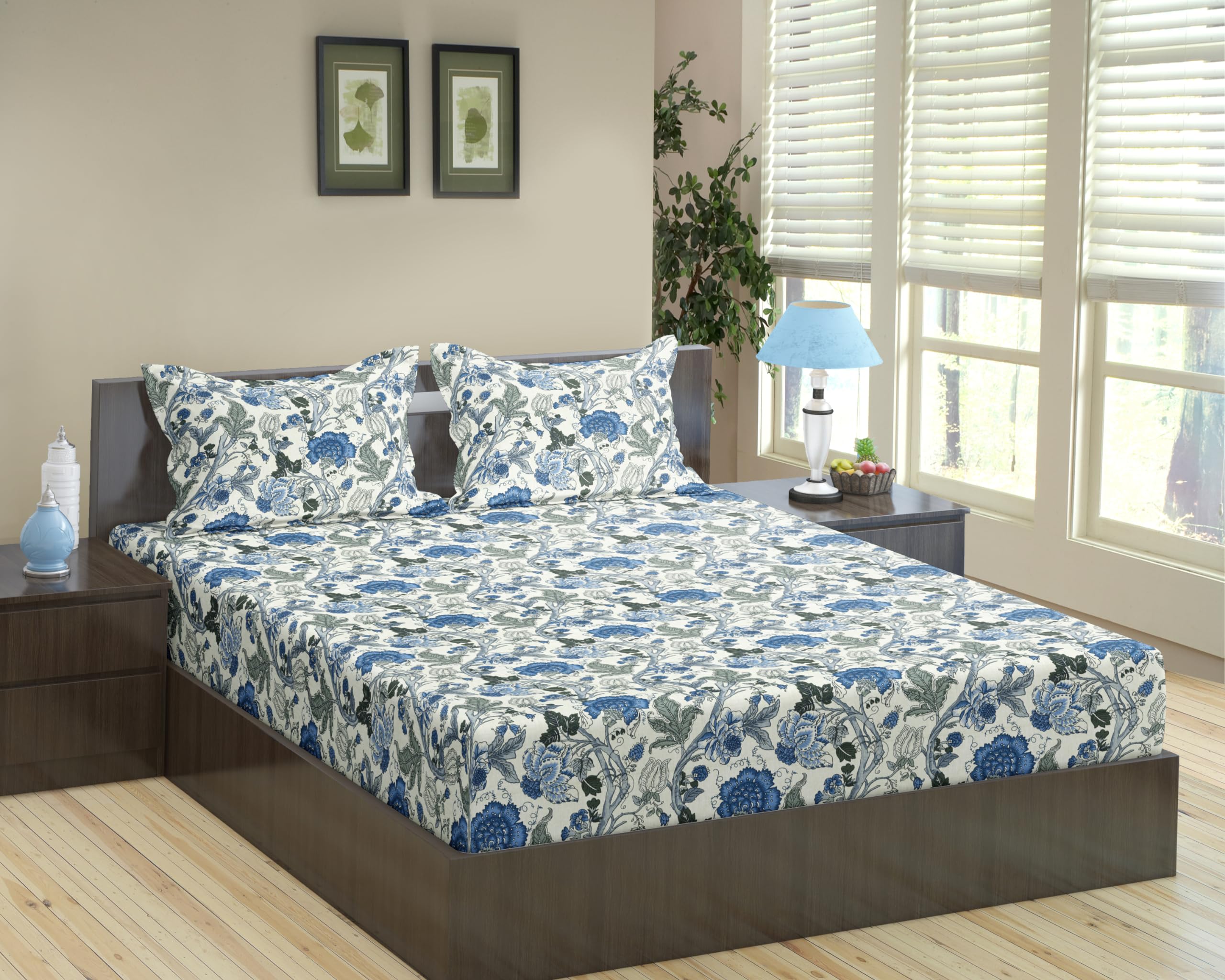 Trance Home Linen 180TC 100% Cotton 72"x48" Twin Bed Size Elastic Fitted Bedsheet | Printed Twin Size Bed Elasticated Fitted Bedspread with 2 Pillow Covers (72x48 inch, Malhaar Sapphire) (B0BCGGQR2G) Amazon Price History, Amazon Price Tracker