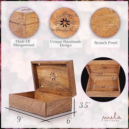 Miniatura 2 de Mela Artisans Caja de recuerdos de madera  Caja de memoria de madera de mango quemada ligera  Caja de almacenamiento de fotos con tapa con bisagras