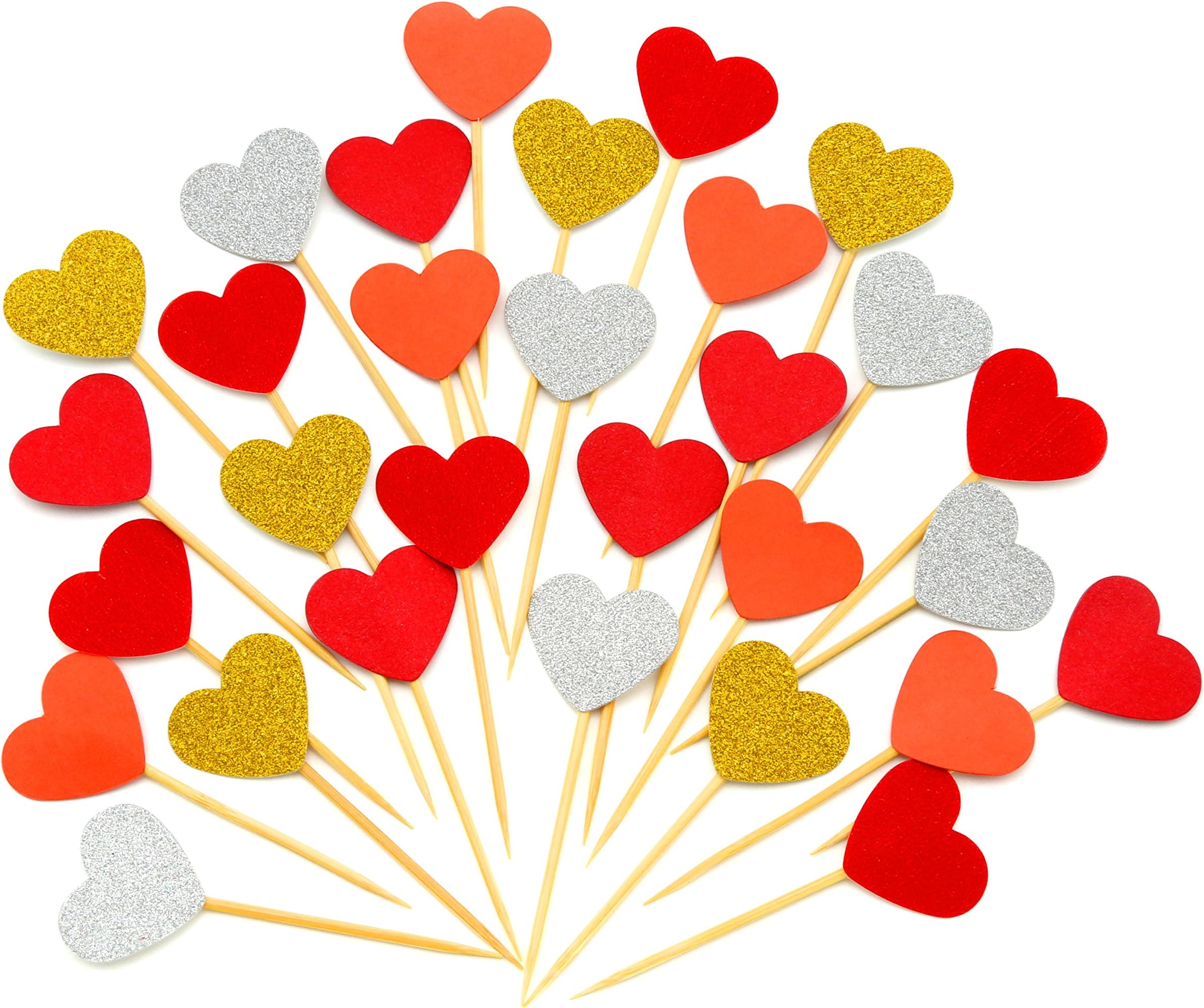 Cupcake Toppers 30Pcs Set, GUCUJI Funny Heart Glitter Mini Birthday Cake Snack Decorations Picks Suppliers Party Accessories for Wedding and Baby Birthday (Red Series)