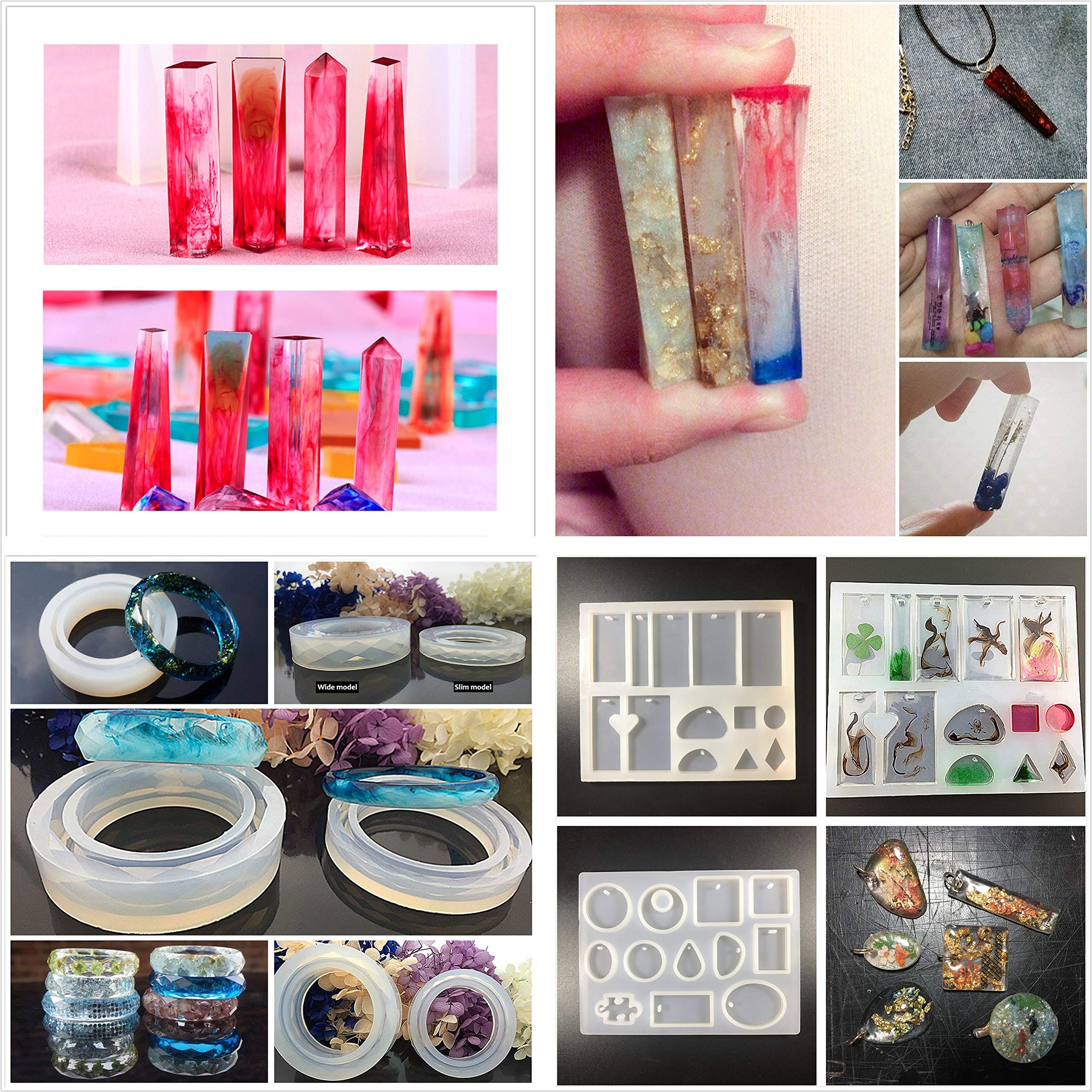 Resina UV Trasparente Kit 14 stampi per Pendenti Orecchini collane bracciali Anelli + pinzette Lampada + 48 Decorazioni Brillanti Conchiglie Glitter Fiori per creazione Gioielli Artigianali