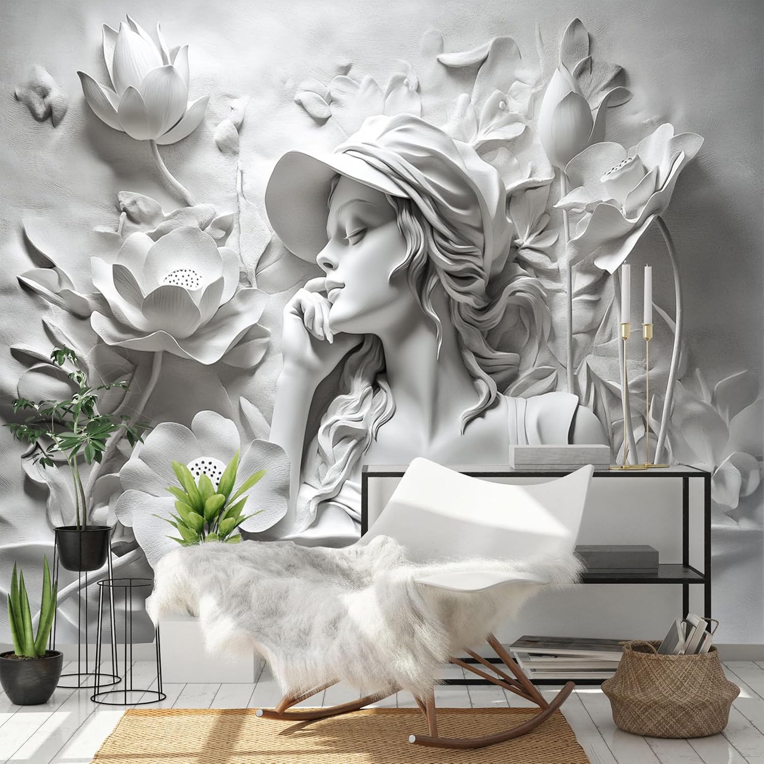 Custom Size Wall Murals - Beauty with Embossed Relief Flowers - Self-Adhesive Removable Stick Wallpaper for Bedroom