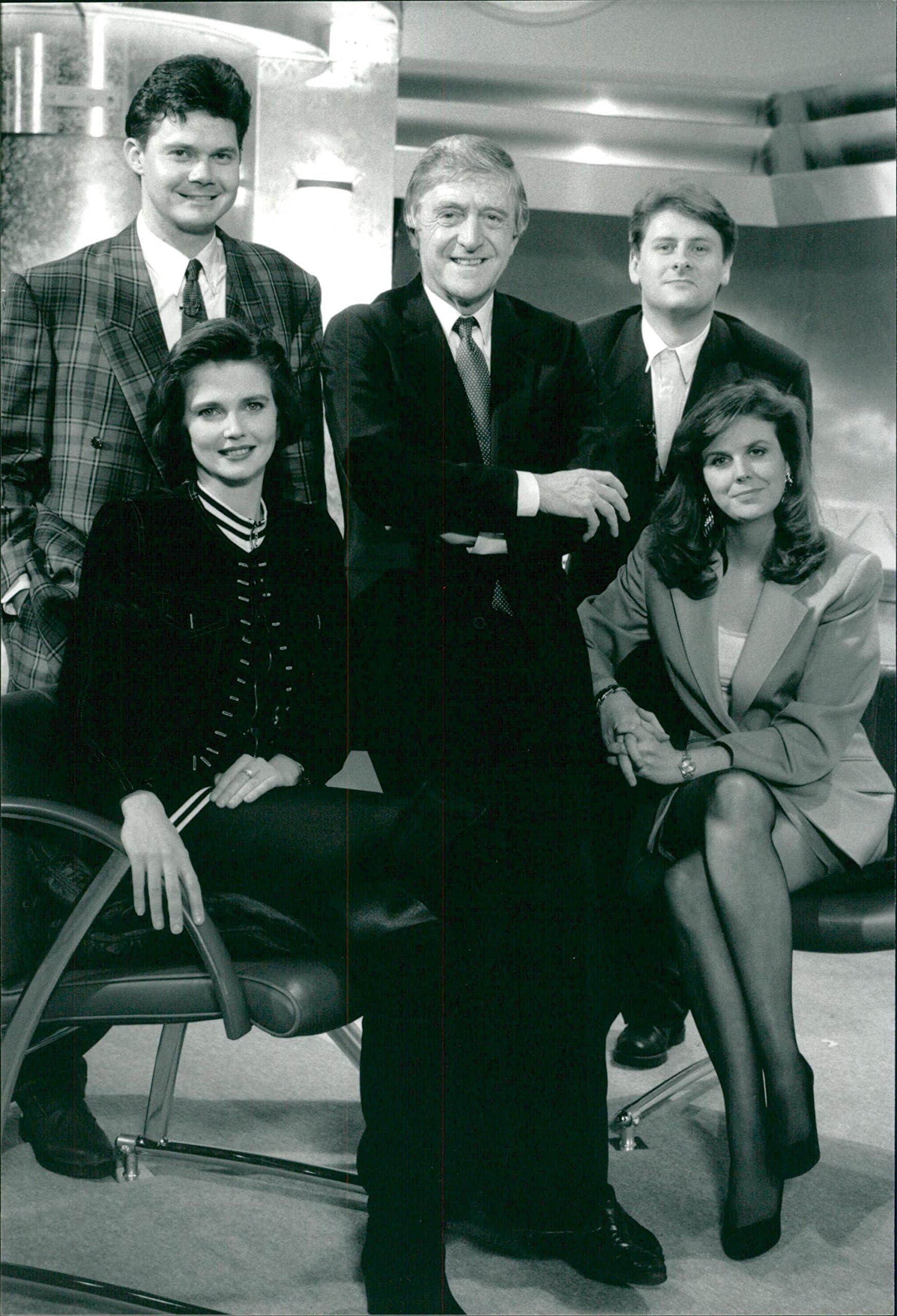 Vintage photo of Chris Donat, Michael Parkinson, Mike Hayley, Annabel Giles and Jan Rowland.
