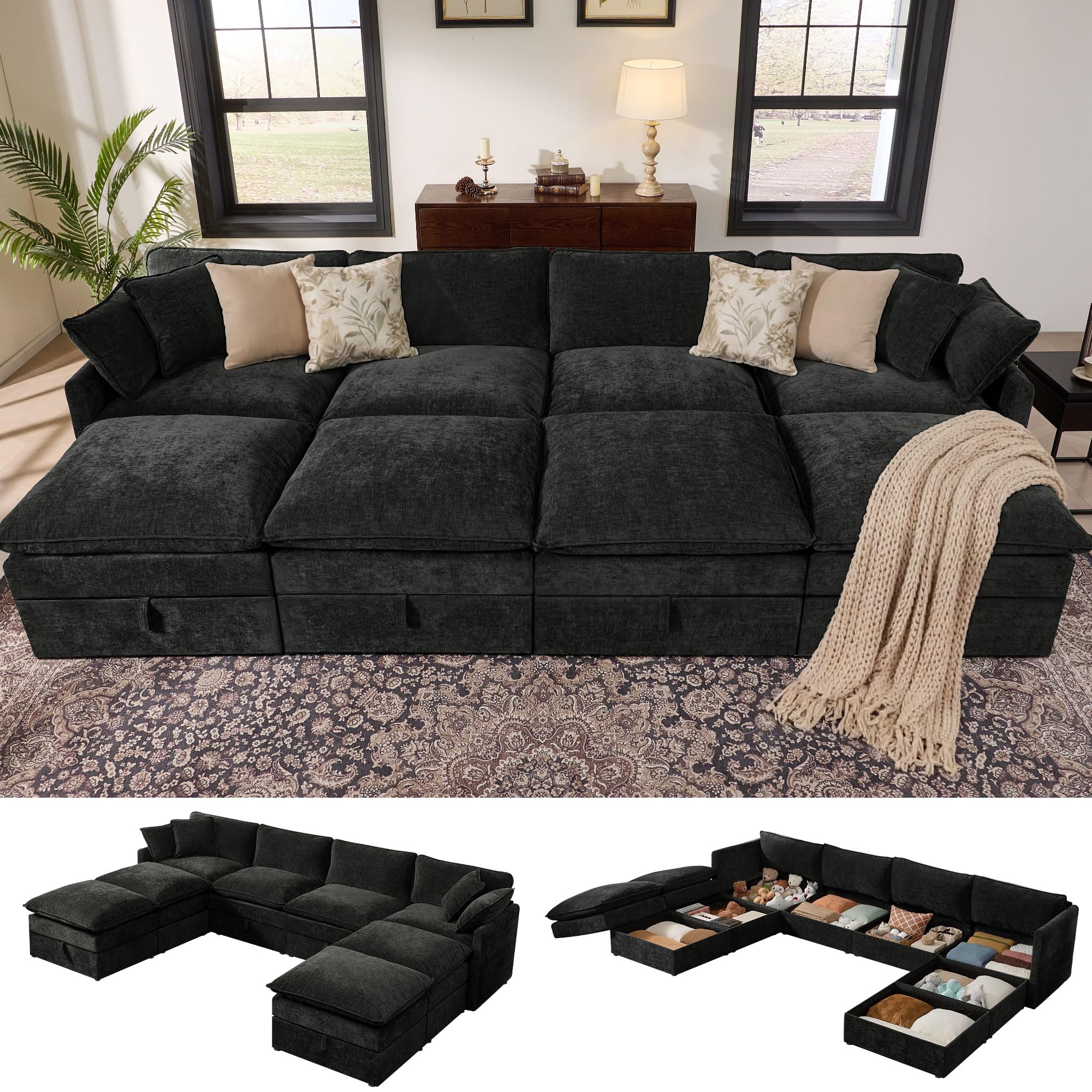 Ihanherry 135” Oversized Sectional Sofa Bed with Storage, 8-Seater Modular Cloud Couch with Movable Ottomans, Chenille Deep Seat Sleeper Couches for Living Room (Black)