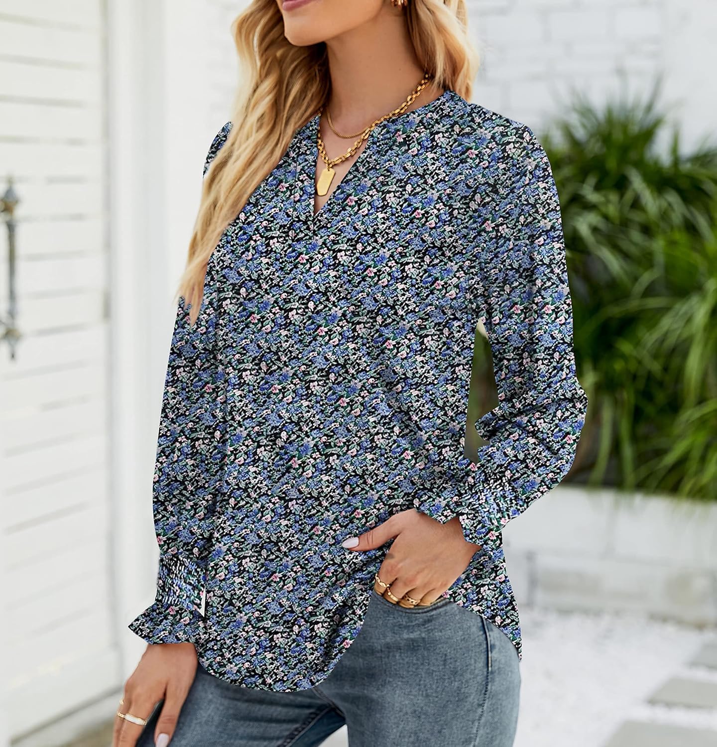 Women's Puff Long Sleeve V Neck Tunic Tops 2025 Casual Loose Solid/Floral Tunic Blouse Shirts - Image 3