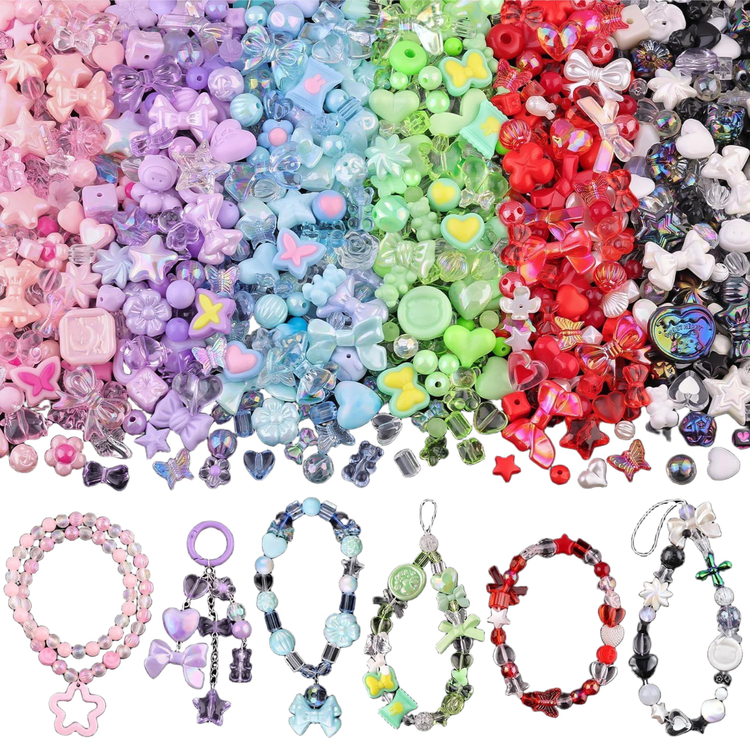180-240PCS Beads for Bracelet Making 6 Mixed Colors Bracelet Beads in Bow Flower Butterfly Star Heart Shape Cute Bead for Jewelry Making DIY Phone Charms Keychain