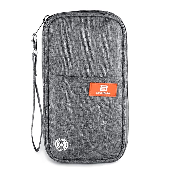 DAHSHA RFID Travel Family Passport Holder Wallet Organizer for Credit Debit Card Boarding Pass with Removable Hand Strap for Men and Women (Grey, 13 x 3 x 23 Cm)