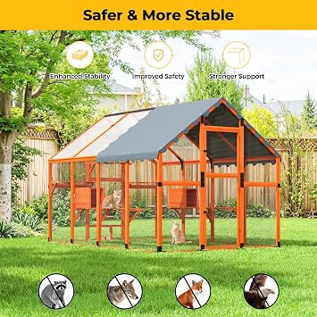 COZIWOW 110 Large Catio Outdoor Cat Enclosure, 53.5ft2 Cat Run for Multiple Pets with Upgraded Stability | Fully-Coverd Roof, Window Walk-in Wooden Outside Cattery Feral Kitty House, Orange