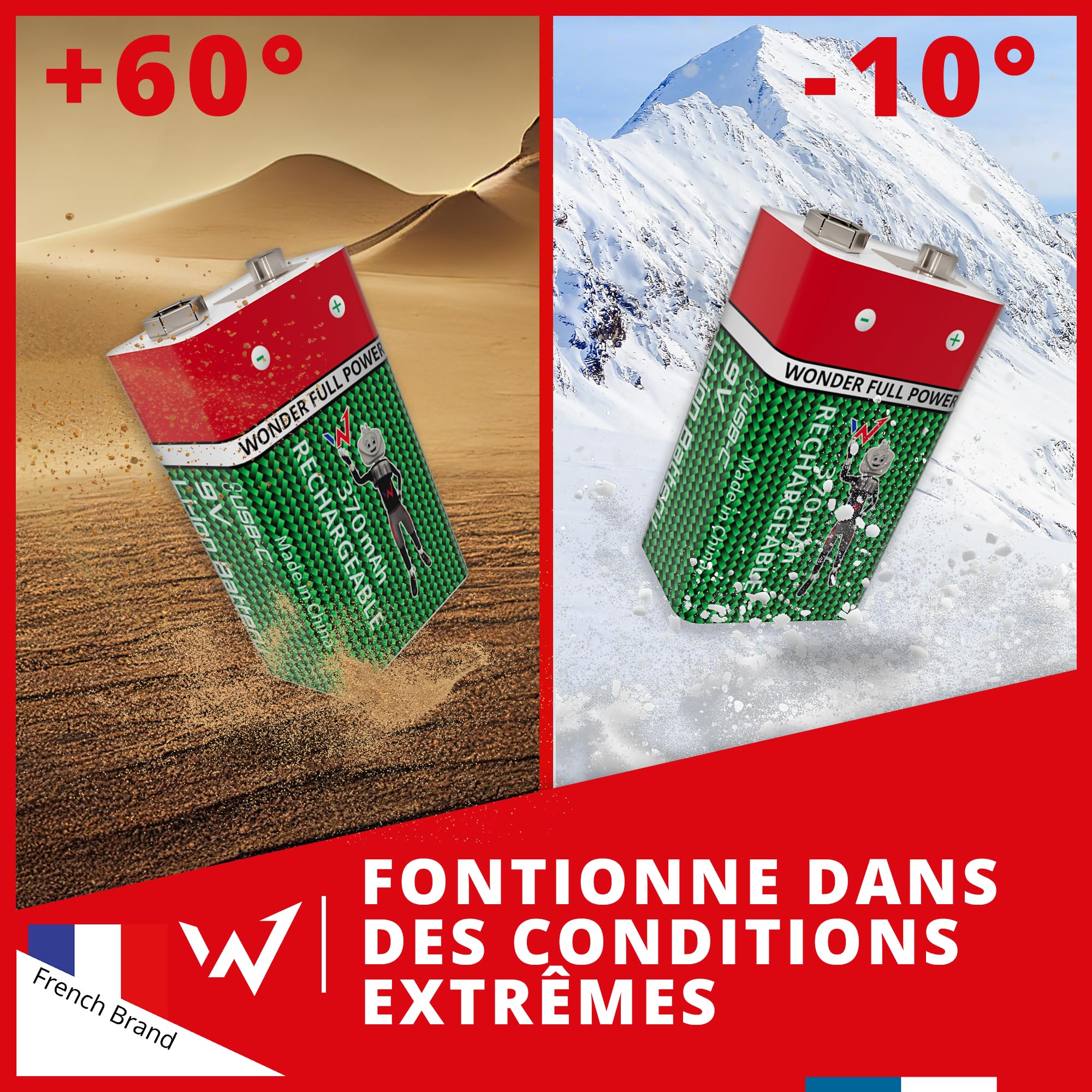 Wonder Full Energy – Piles Rechargeables 9V / 6LR61 – Pack de 2 – 370mAh, 3600mWh – Câble USB-C Inclus – Lithium-ION – Jusqu’à 1000 Cycles – Idéales pour Détecteurs de Fumée, Multimètres, Jouets