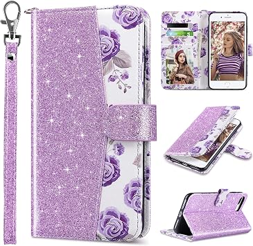 ULAK Compatible with iPhone 7 Plus/8 Plus Wallet Case, Premium PU Leather Flip Cover with Card Holder for Women, Kickstand Feature Protective Purse Case 5.5 Inch, Purple Glitter