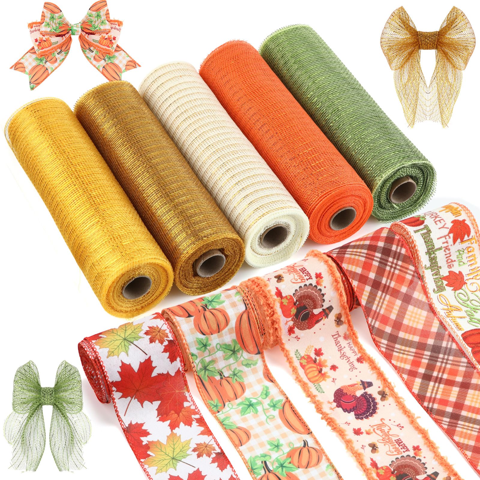 Woanger 10 Rolls Fall Thanksgiving Day Ribbon Including 5 Rolls Fall Wired Edge Ribbons 5 Rolls Fall Mesh Ribbon Autumn Pumpkin Maple Leaves Turkey Plaids Ribbon for Wreath Bow DIY Crafts Wrapping