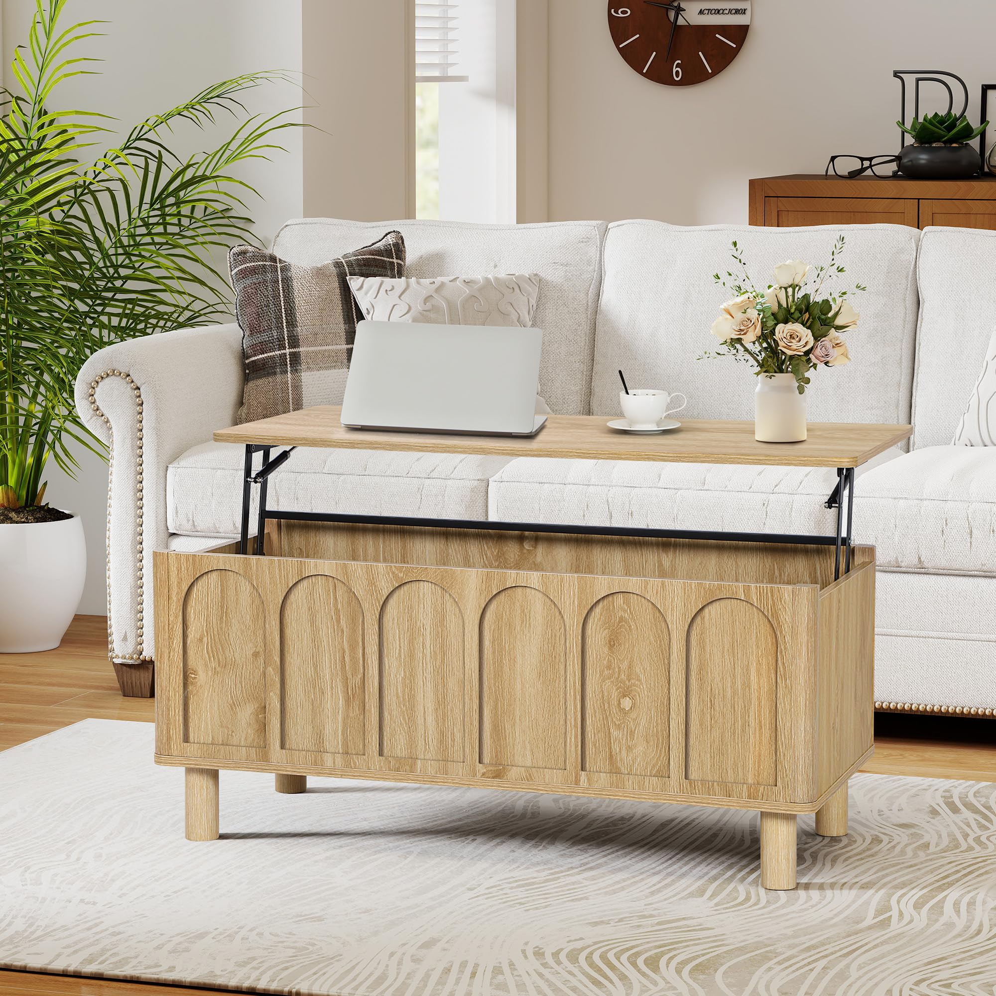 GuannCraft Schrank, EIN höhenverstellbarer Couchtisch aus Holz mit geschwungenen Seiten und geriffelter Oberfläche. Der Tisch ist höhenverstellbar und eignet Sich für Wohnzimmer.(Naturholzfarbe) Küche, Haushalt & Wohnen