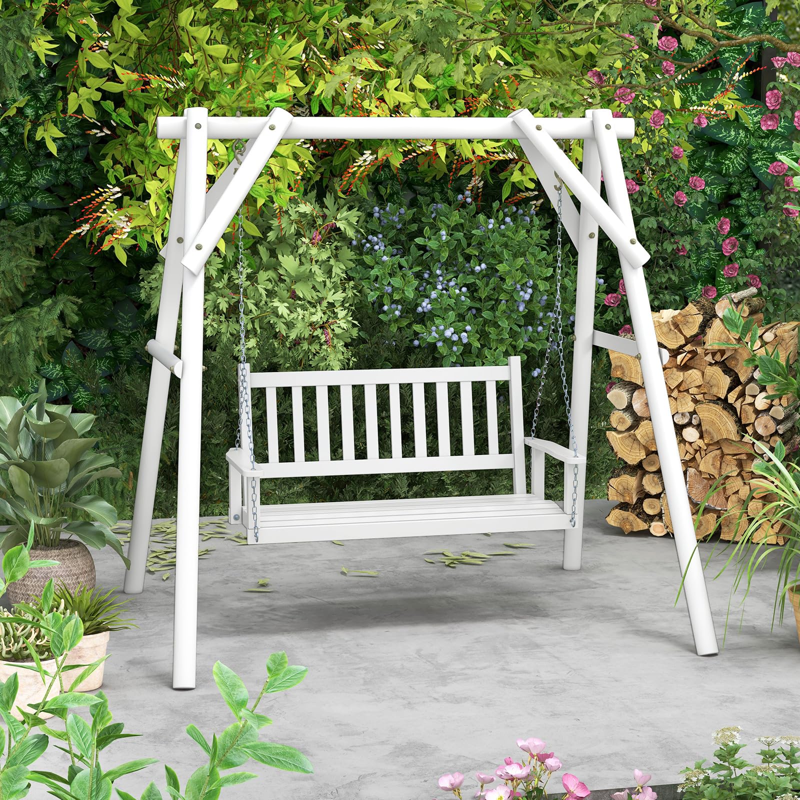 GYMAX Altalena da Giardino in Legno, con Schienale a Doghe, Sedile Curvo e Comodi Braccioli, Design Ergonomico per 2 Persone, Sedia a Dondolo con Capacità di Carico 230 kg (Bianco)