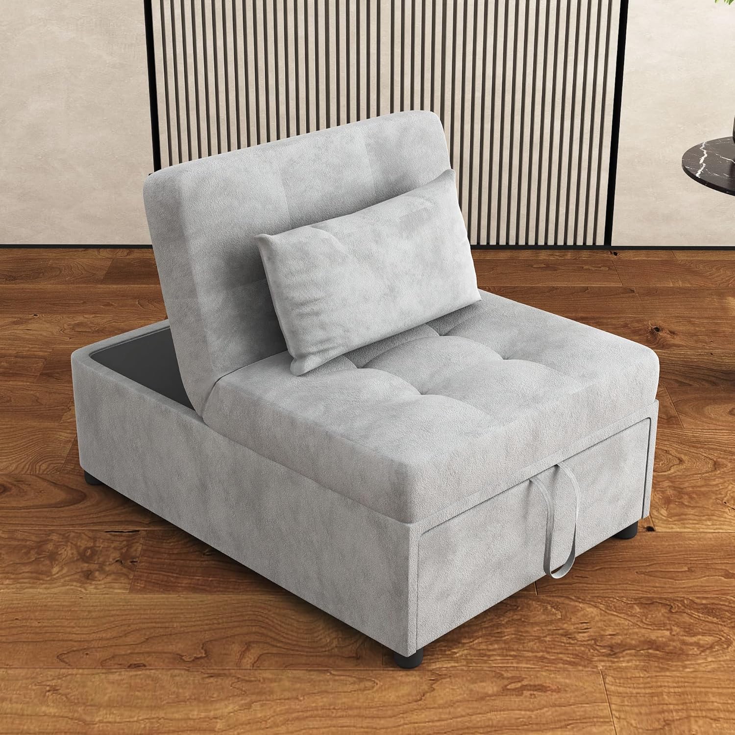 Convertible Chair Bed, Deck Chair Sleeper 4 in 1 Multi-Function Folding Ottoman Sofa Bed with Adjustable Sleeper for Small Room Apartment (Gray)
