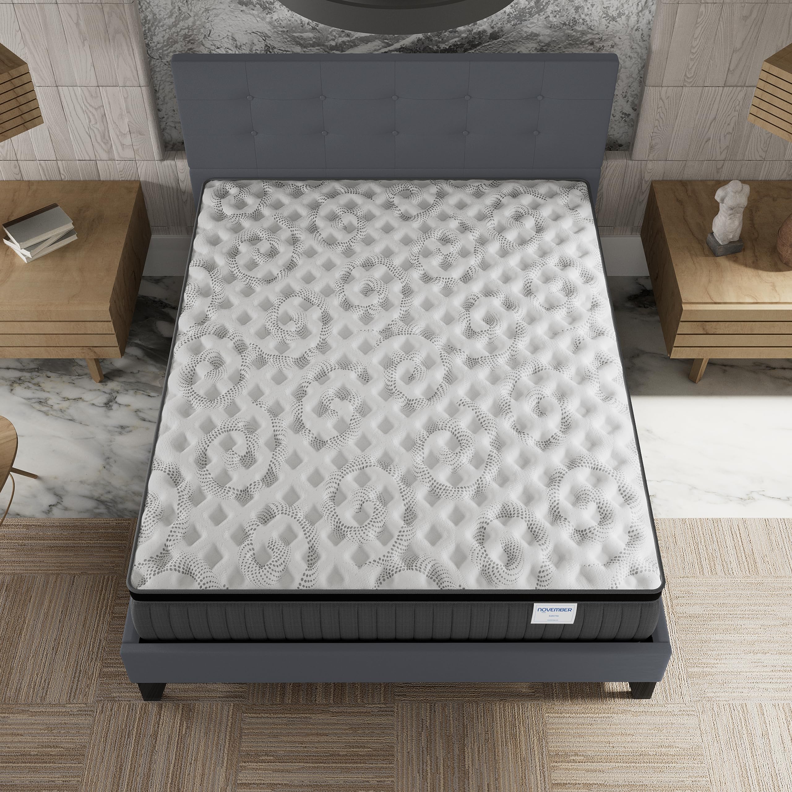 NOVEMBER- Ensemble Matelas + LIT (140x200cm)- Matelas Elekctra Ressorts ensachés & mémoire de Forme Épaisseur 30cm + Sommier Bois Stable & Robuste revêtement synthétique Gris