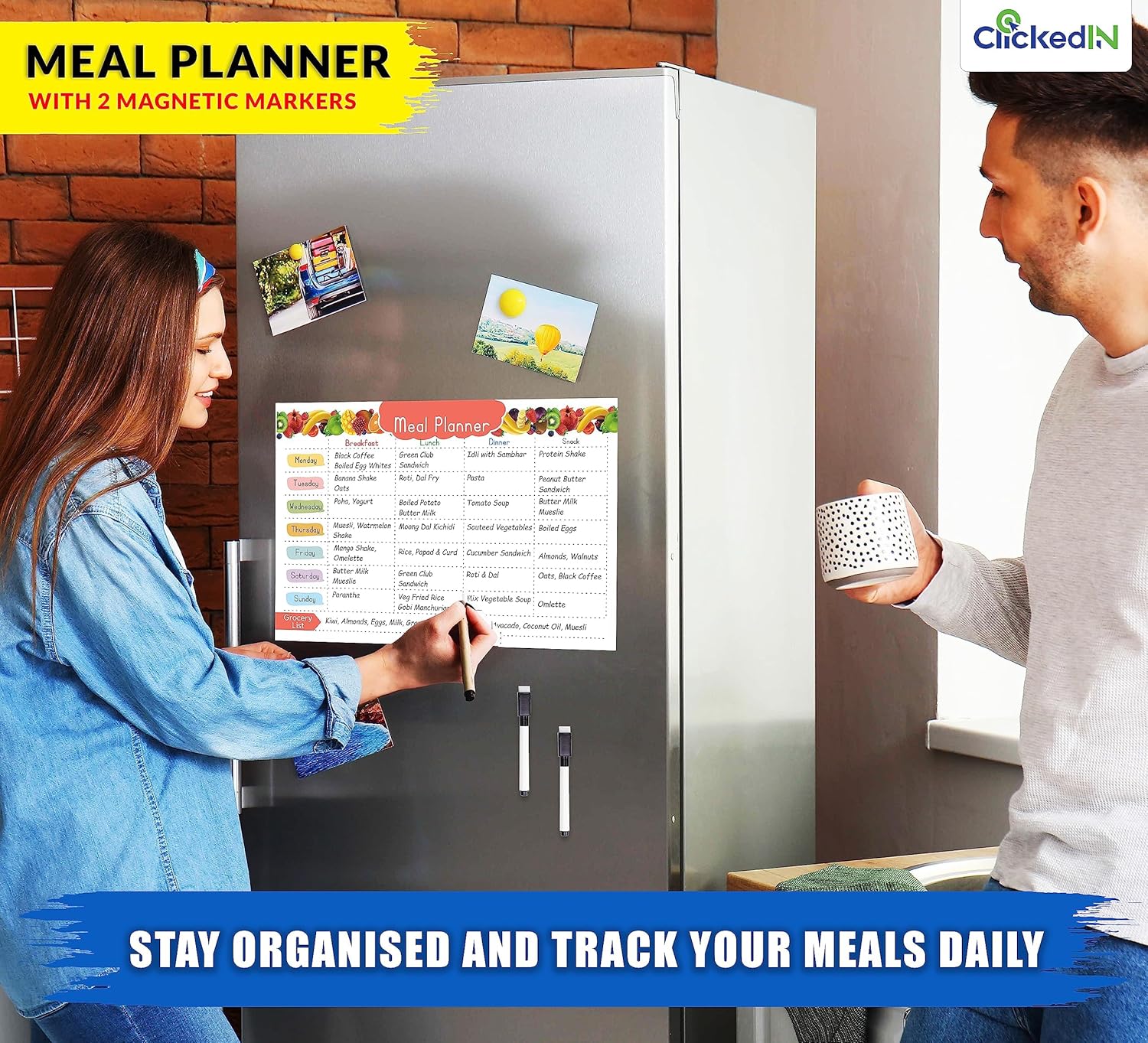 Smart Magnetic Weekly Meal Planner for Whole Week Attractive Design, Covers All Days with Grocery Planner with 2 Dry Erase Marker(18 * 12 inch)