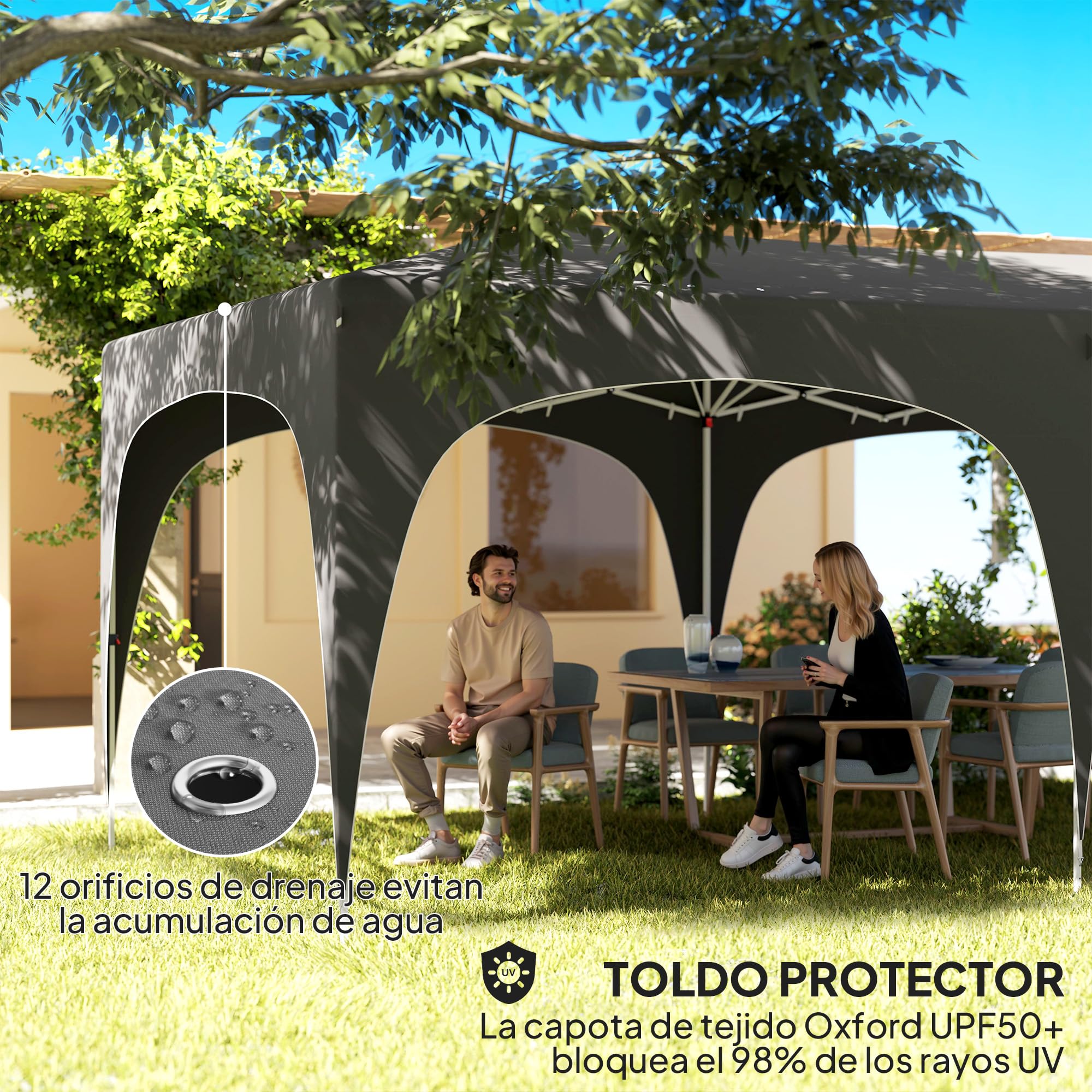 Outsunny Carpa Plegable 3x6 m, Cenador Pabellón de Jardín con Altura Ajustable de 3 Niveles, 4 Paredes Laterales, Ventanas y Bolsa Transporte, UPF50+, Impermeable para Fiestas, Exterior, Gris Oscuro