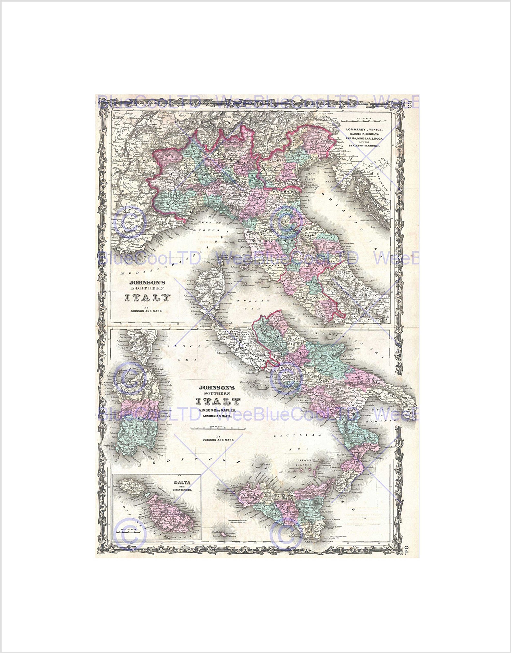 Wee Blue Coo 1862 Johnson Map Italy Naples And Sicily Wall Art Print