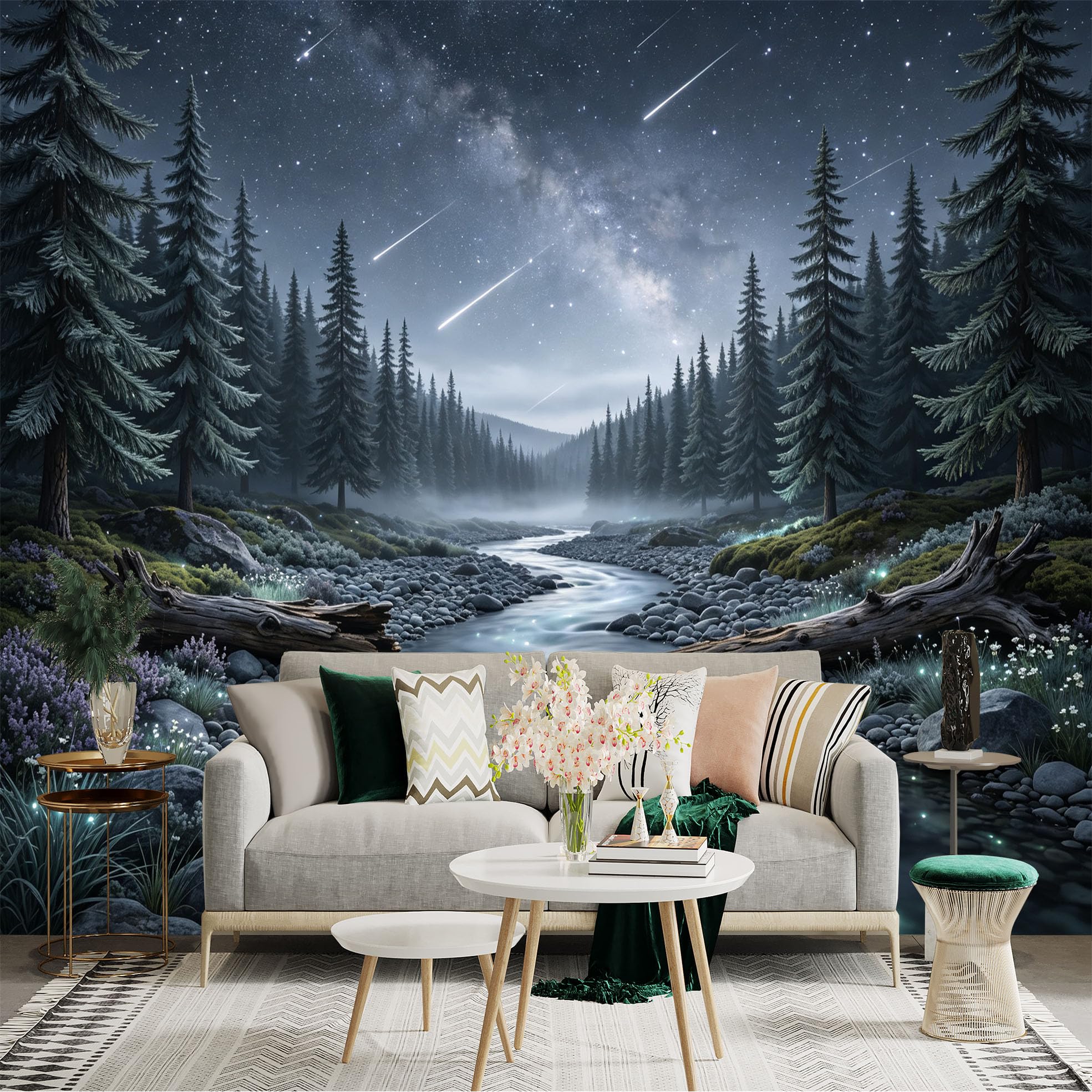 Lnzczhyre Bh260719008 Custom Size Wall Sticker Mural， Enchanted Stream In Coniferous Forest， Night Sky With Milky Way， Glowing River Landscape， For Wall Decoration， Peelandstick Wall Decals.