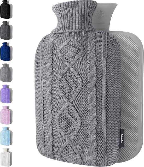 Hot Water Bottle with Cover - Premium Soft Knitted Cover - 1.8l Large Capacity - Hot Water Bag for Pain Relief, Neck and Shoulders, Back & Cosy Nights - Great Gift for Women (Grey)