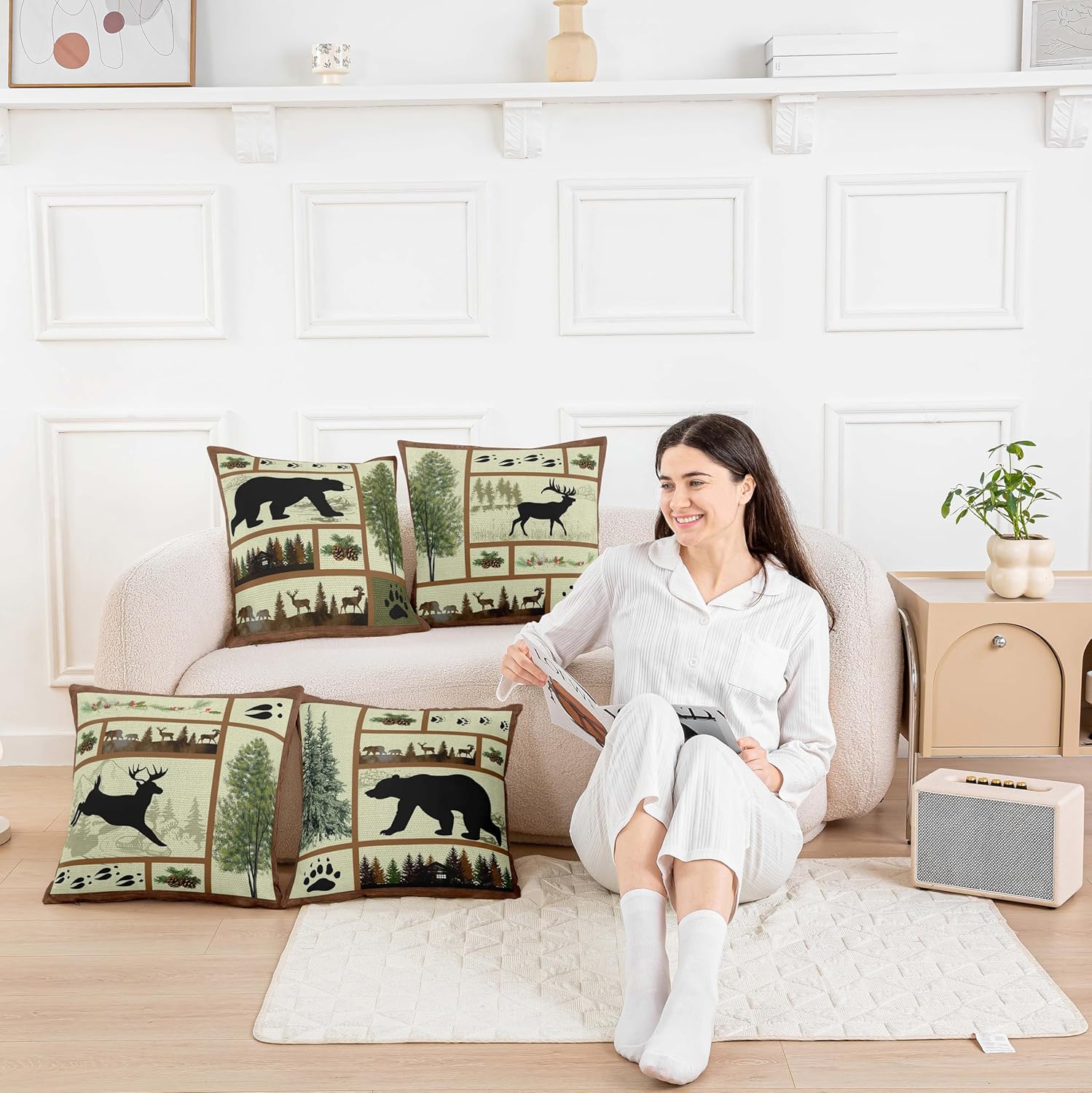 Feelyou Vintage Bear Throw Pillow Covers 20"x20" Set of 4 Soft Kids Cabin Deer Hunting Decor Pillowcases for Boys Girls Teens Farmhouse Wolf Moose Animals Green Cushion Case Room Decor