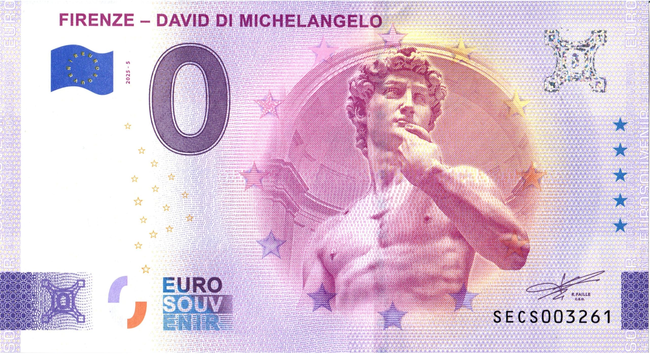 Banconota da 0 Euro Italia · Firenze · David di Michelangelo · Souvenir Zero €