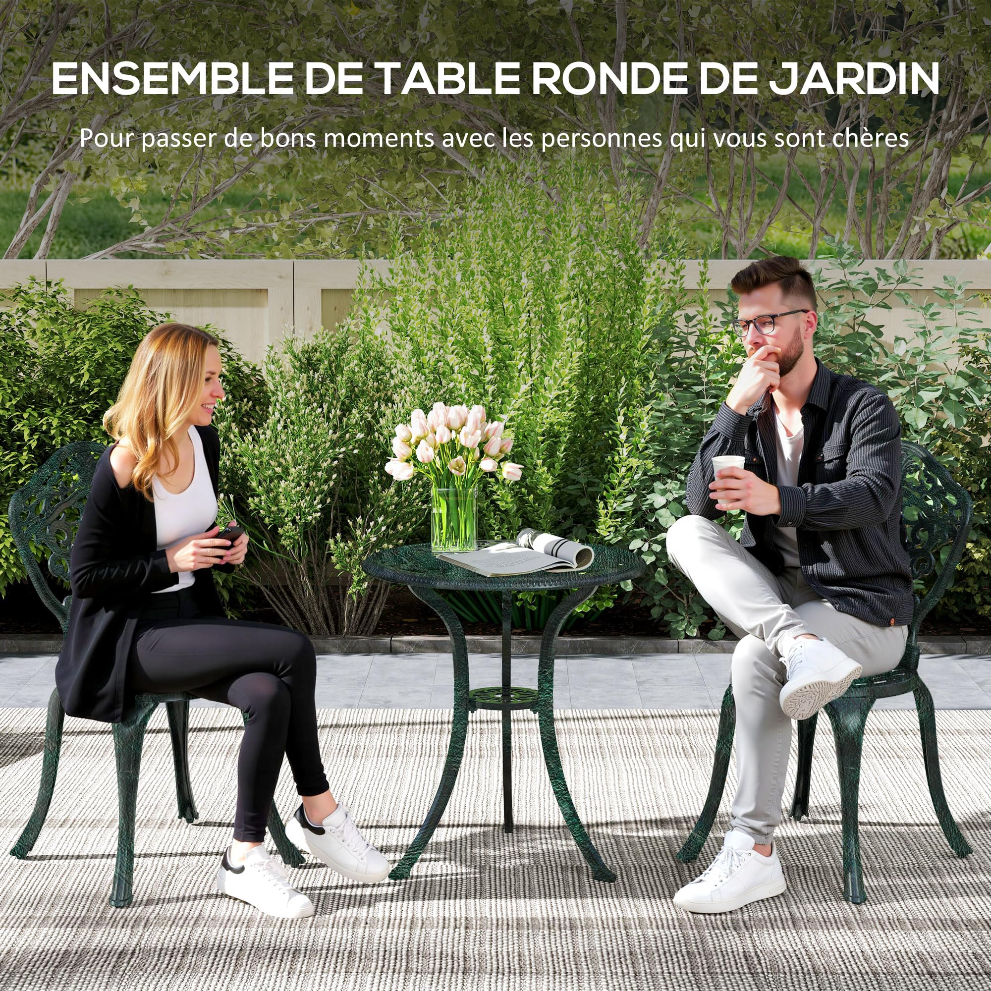 Outsunny Ensemble bistrot pour Jardin en Aluminium Salon de Jardin 3 pièces 2 chaises + 1 Table Ronde Imitation Fer forgé Vert