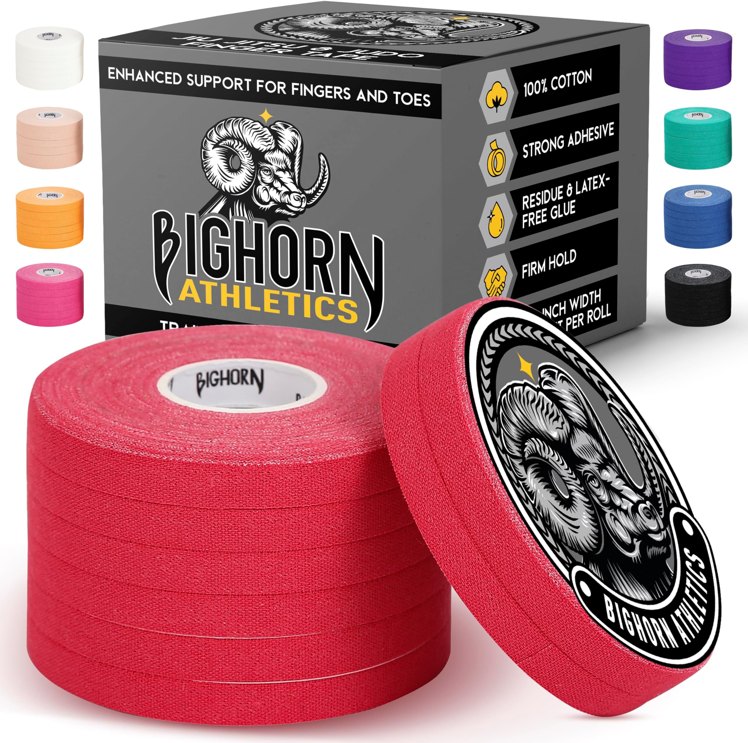 Bighorn Athletics Jiu Jitsu Finger Tape | Residue-Free Athletic Finger Tape for Sports & Injuries: Rock Climbing, Volleyball, Football, Basketball, Hands & Toes | 0.3-Inch x 45-feet, 8-Rolls, Red