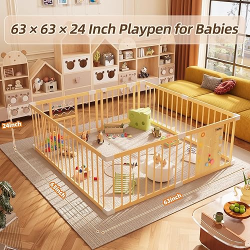 Miniatura 8 de Xilingol Corralito grande de madera para bebés, patio de juegos para niños con puerta de bloqueo y juguetes interactivos, centro de actividades de