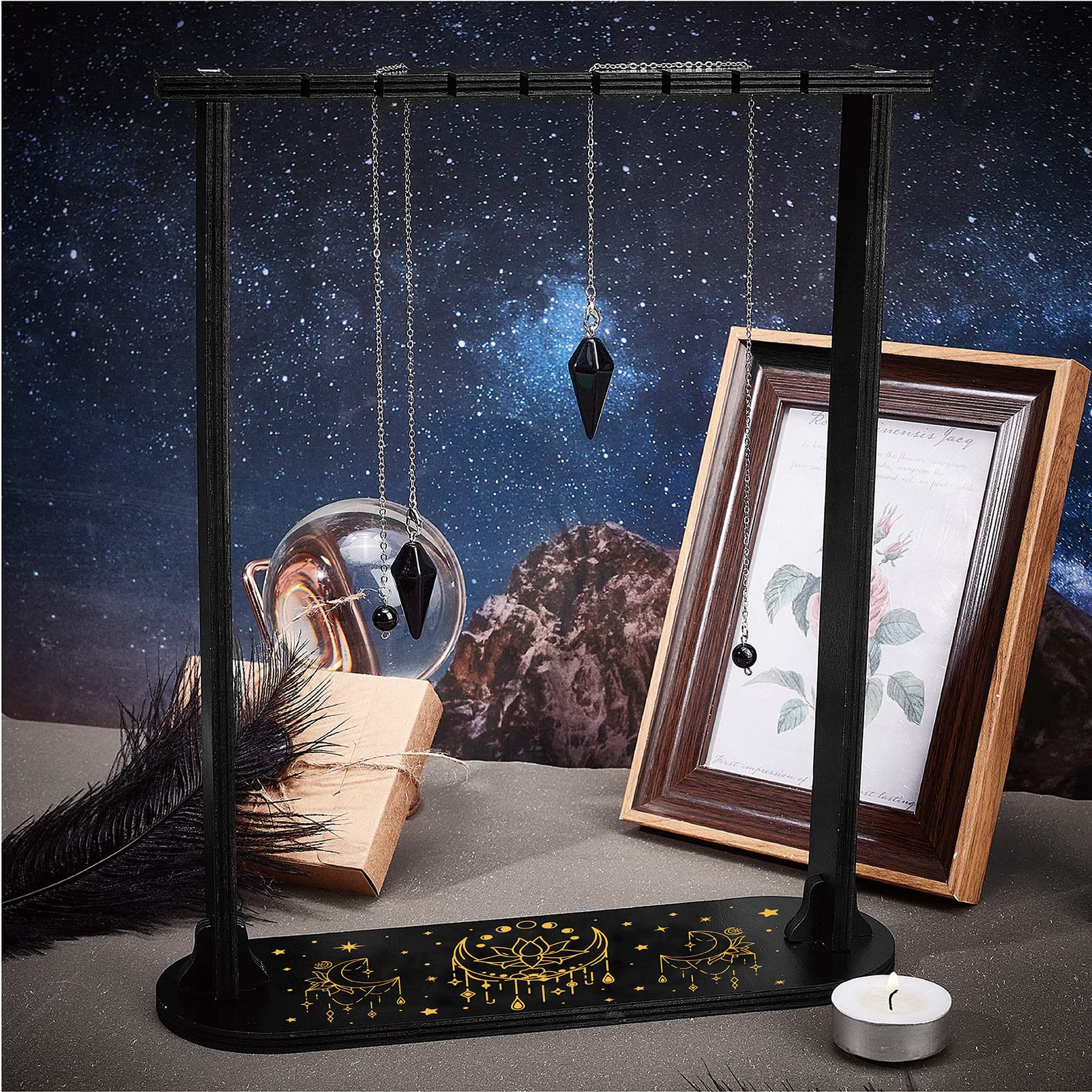 CREATCABIN Piccolo Espositore in Cristallo Loto Luna Porta Cristallo in Legno Supporto Divinazione Pendolo Portaoggetti Catena Roba Magica da Strega per Appendere Cristalli Collana 9.8x3.1 Pollice