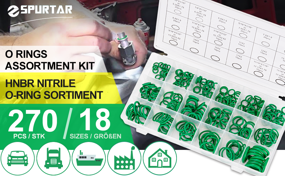 Kit 270 Pezzi O-Ring In Gomma | 18 Misure Diverse Per Aria Condizionata Auto, Camion E Uso Industriale | Guarnizioni Universali In Contenitore Verde