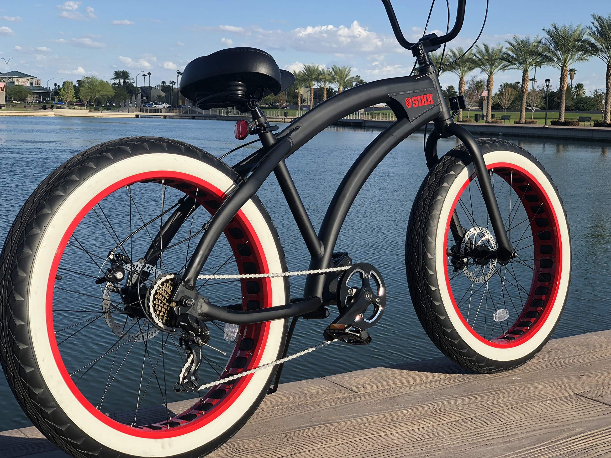 Sikk Alloy Frame Premium Fat Tire Beach Cruiser Bicycle 7 Speed -Flat W RED