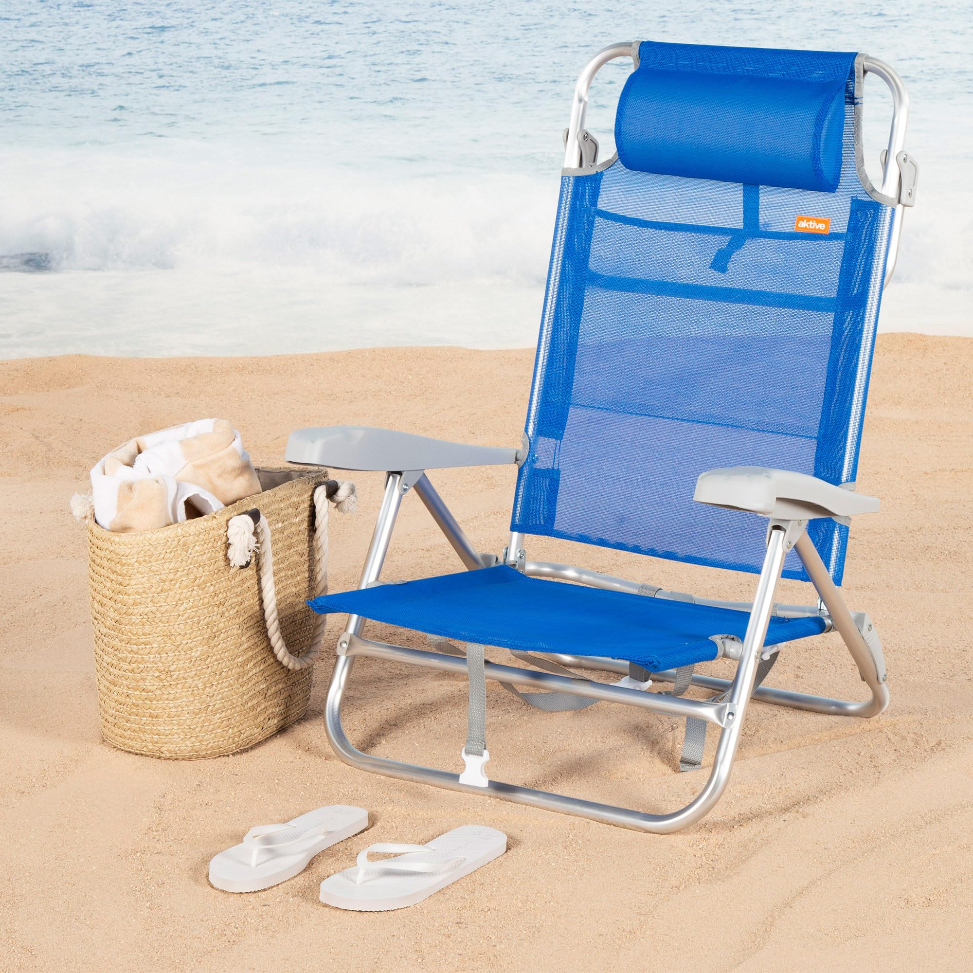 AKTIVE Chaise de Plage Pliable, Bleu foncé, textilène et Aluminium, 47 x 49 x 82 cm, 8 Positions, Dossier Haut, 110 kg