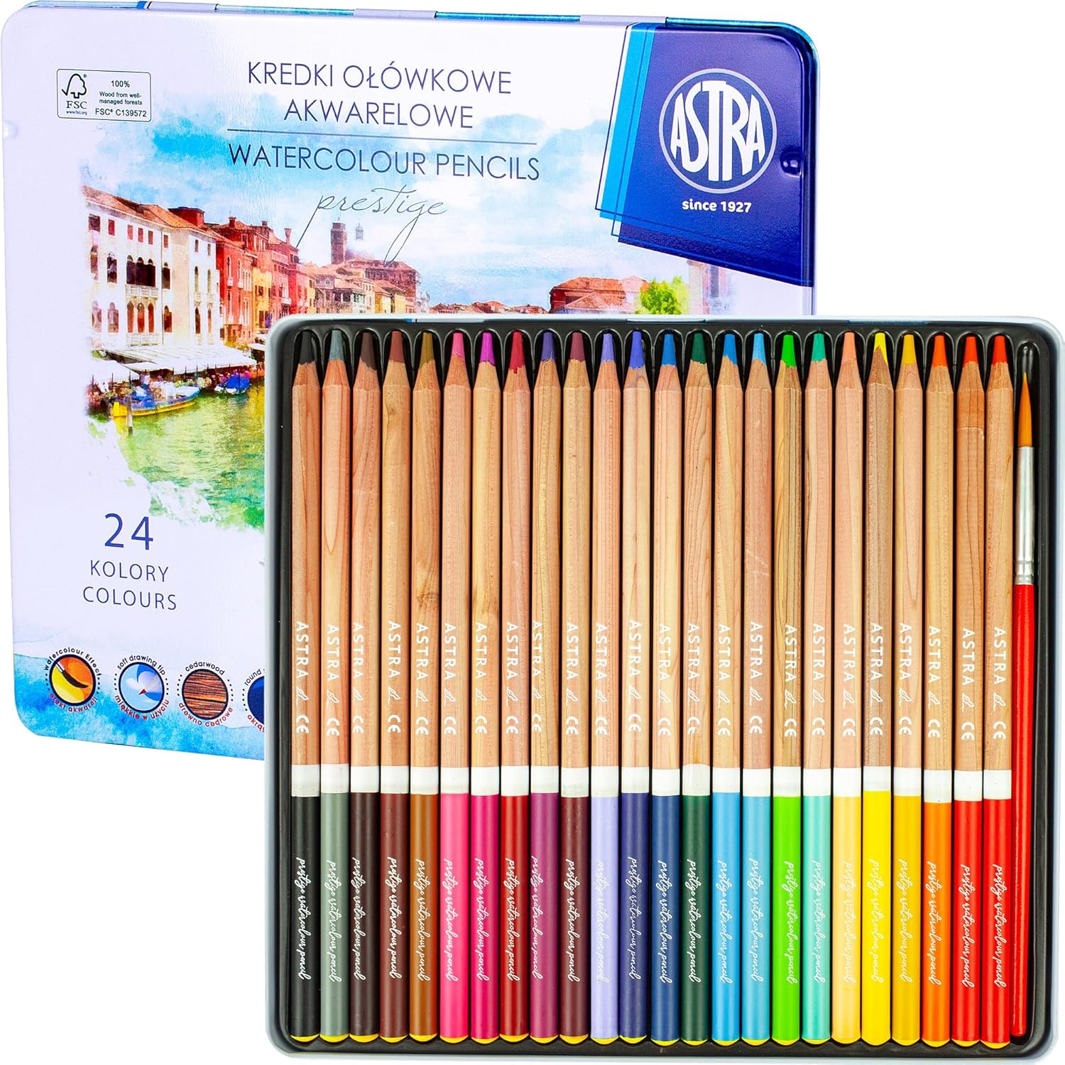 Astra Prestige 24 Watercolour Pencils and Paint Brush with Metal Tin Case for Children and Adult Artists, FSC Certified Pre-Sharpened Cedar Wood Pencils