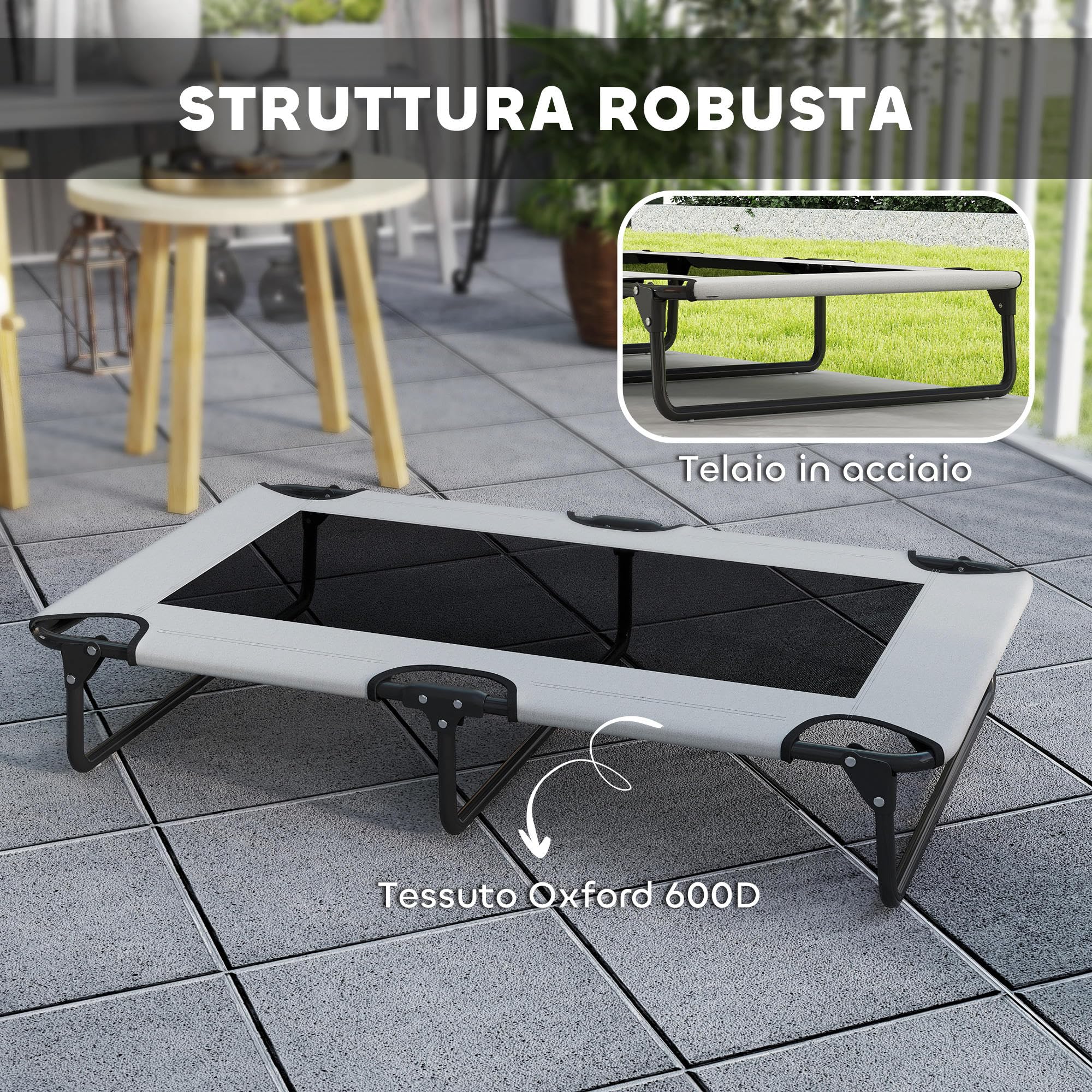 PawHut Letto per Cani Rialzato Pieghevole con Tessuto a Rete, Brandina per Cani Grandi da Interno ed Esterno, 107x61x20 cm, Grigio Chiaro