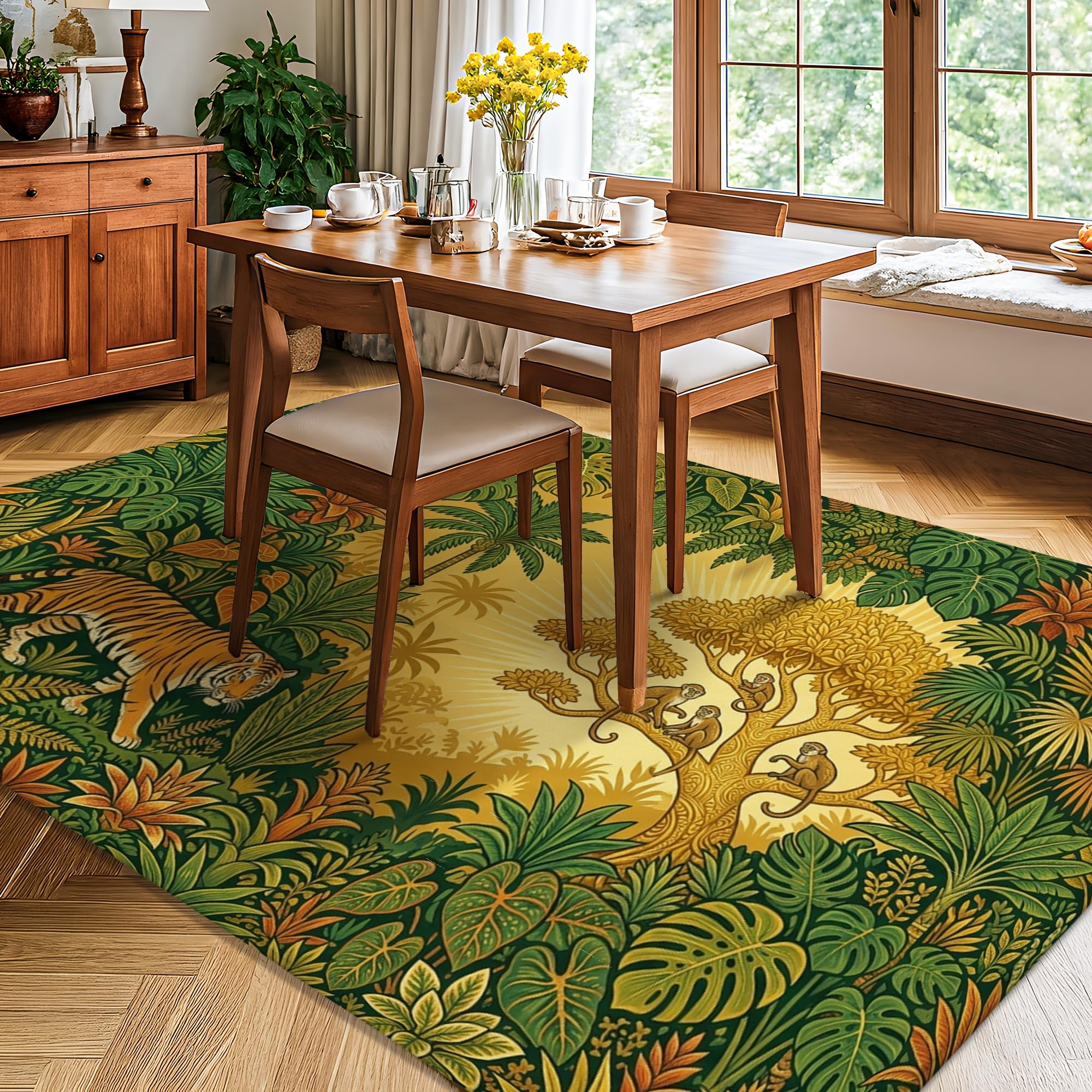 Alfombra de área de tigre, hojas tropicales de árbol natural, verde, de pelo bajo, esponja suave, rectangular, resistente a las manchas, para sala de estar, dormitorio, aula, dormitorio, decoración de